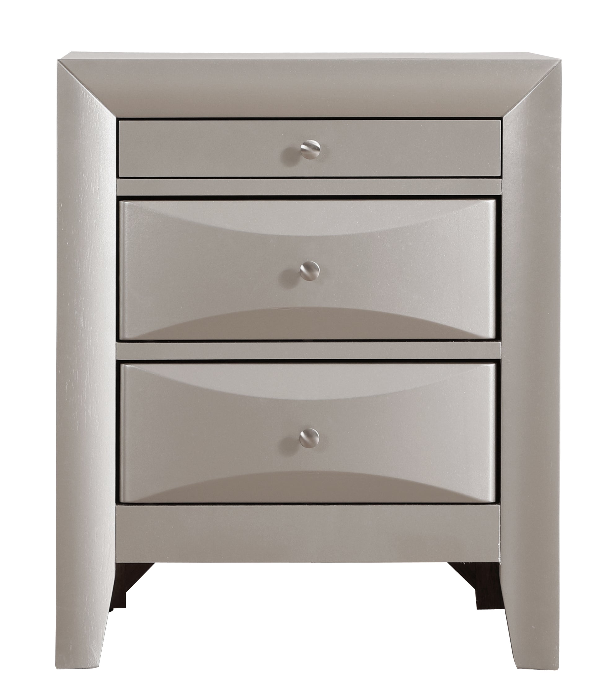 Sleek grey threedrawer nightstand with brushed nickel knobs modern bedroom furniture