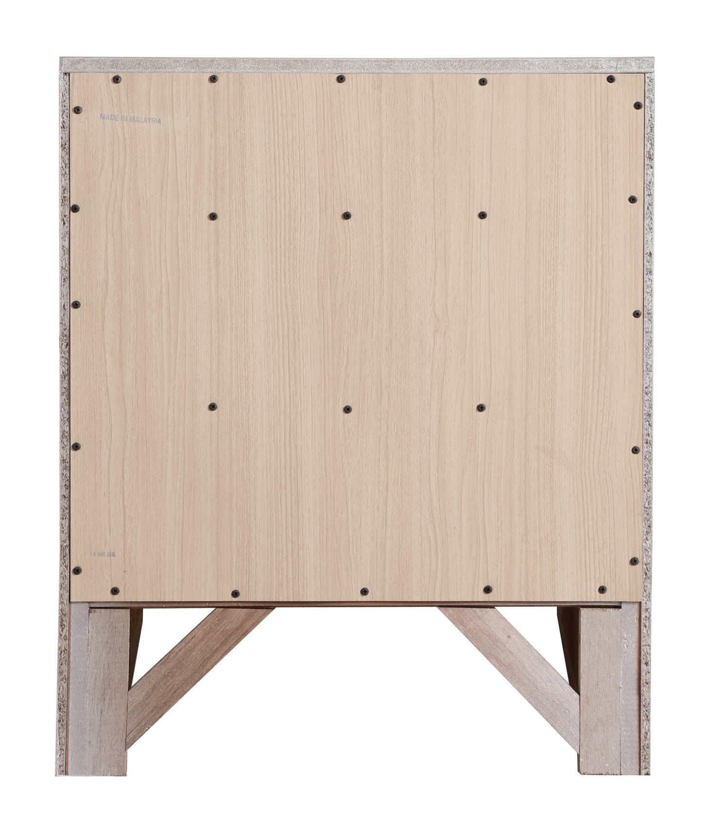 Back panel of a light wood grain cabinet with visible screw fasteners