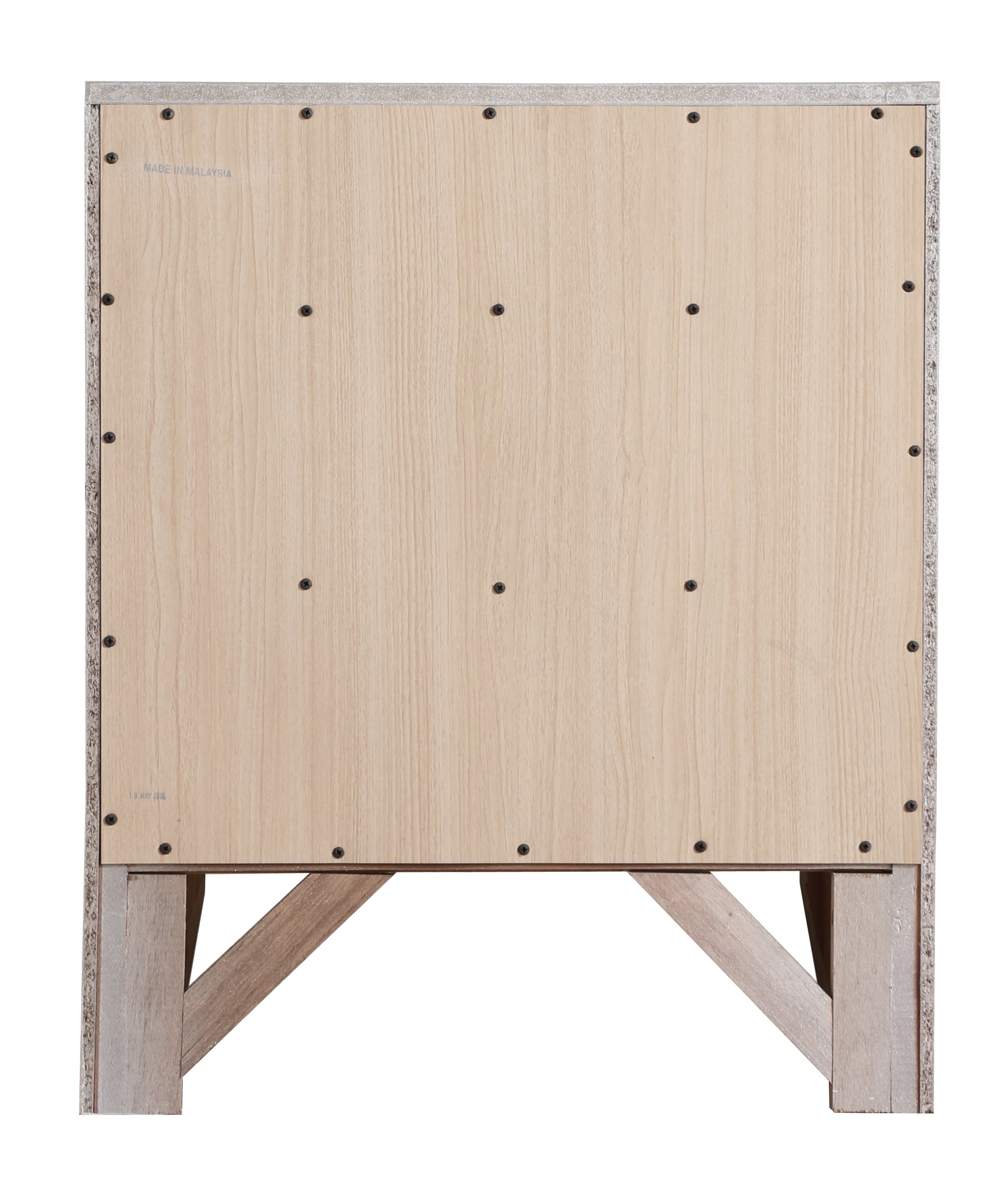 Back panel of a light wood grain cabinet with visible screw fasteners