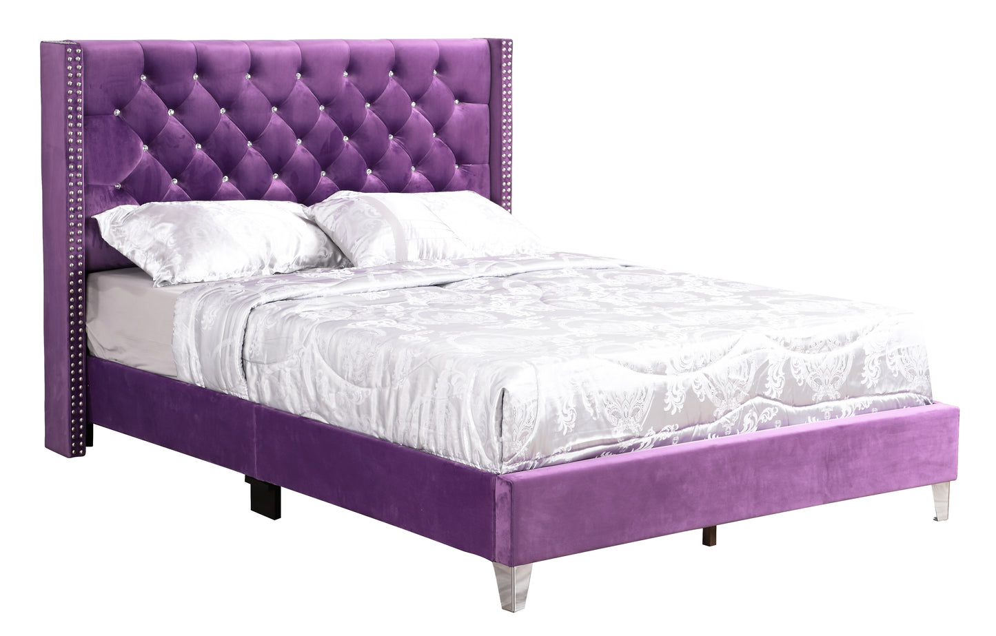 Purple velvet tufted wingback bed with diamondlike crystals and silver studding