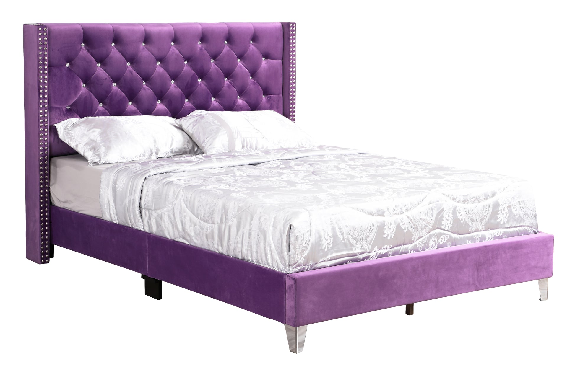 Purple velvet tufted wingback bed with diamondlike crystals and silver studding