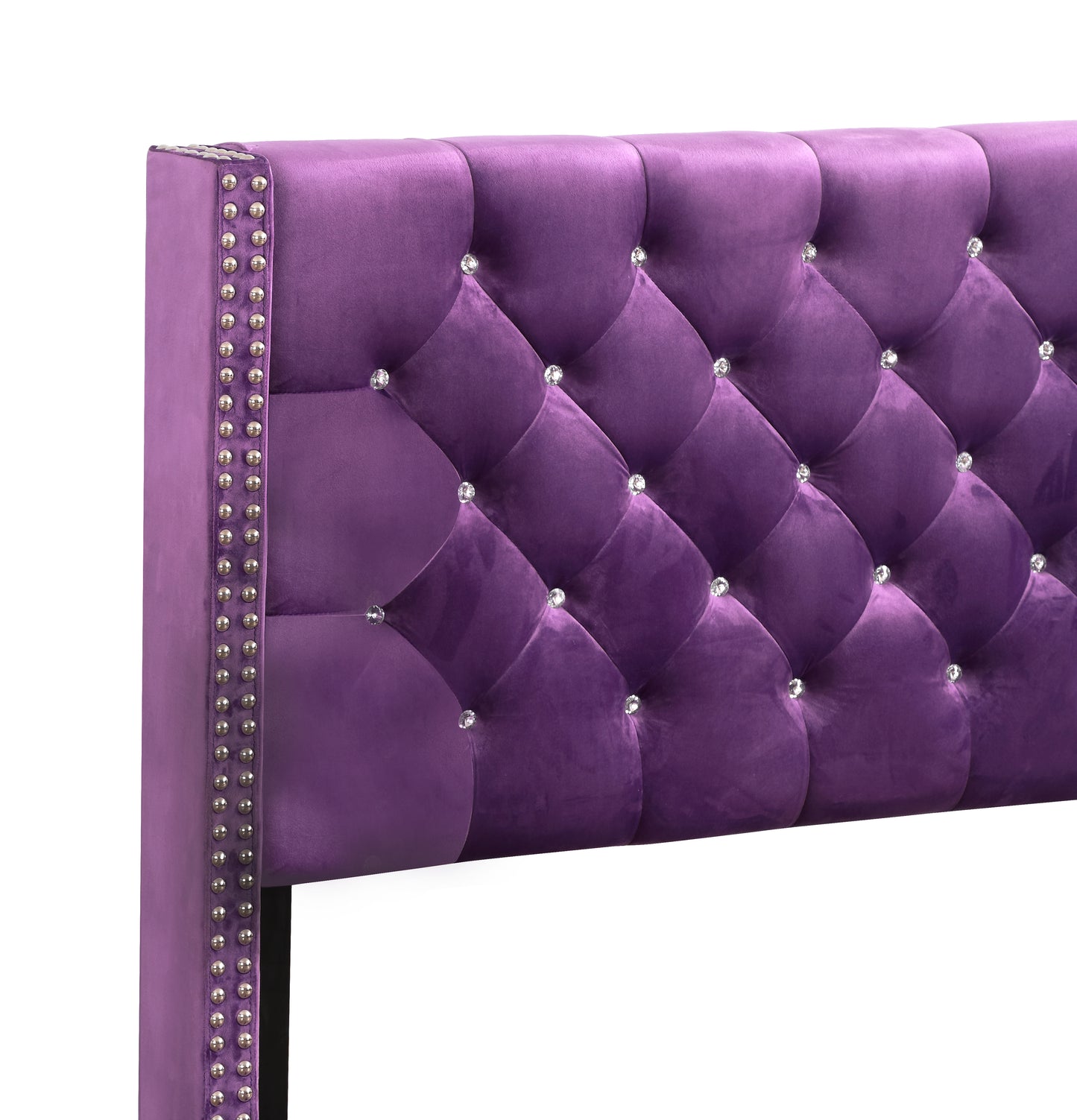 Plush purple velvet headboard with diamond tufting and silver nailhead trim