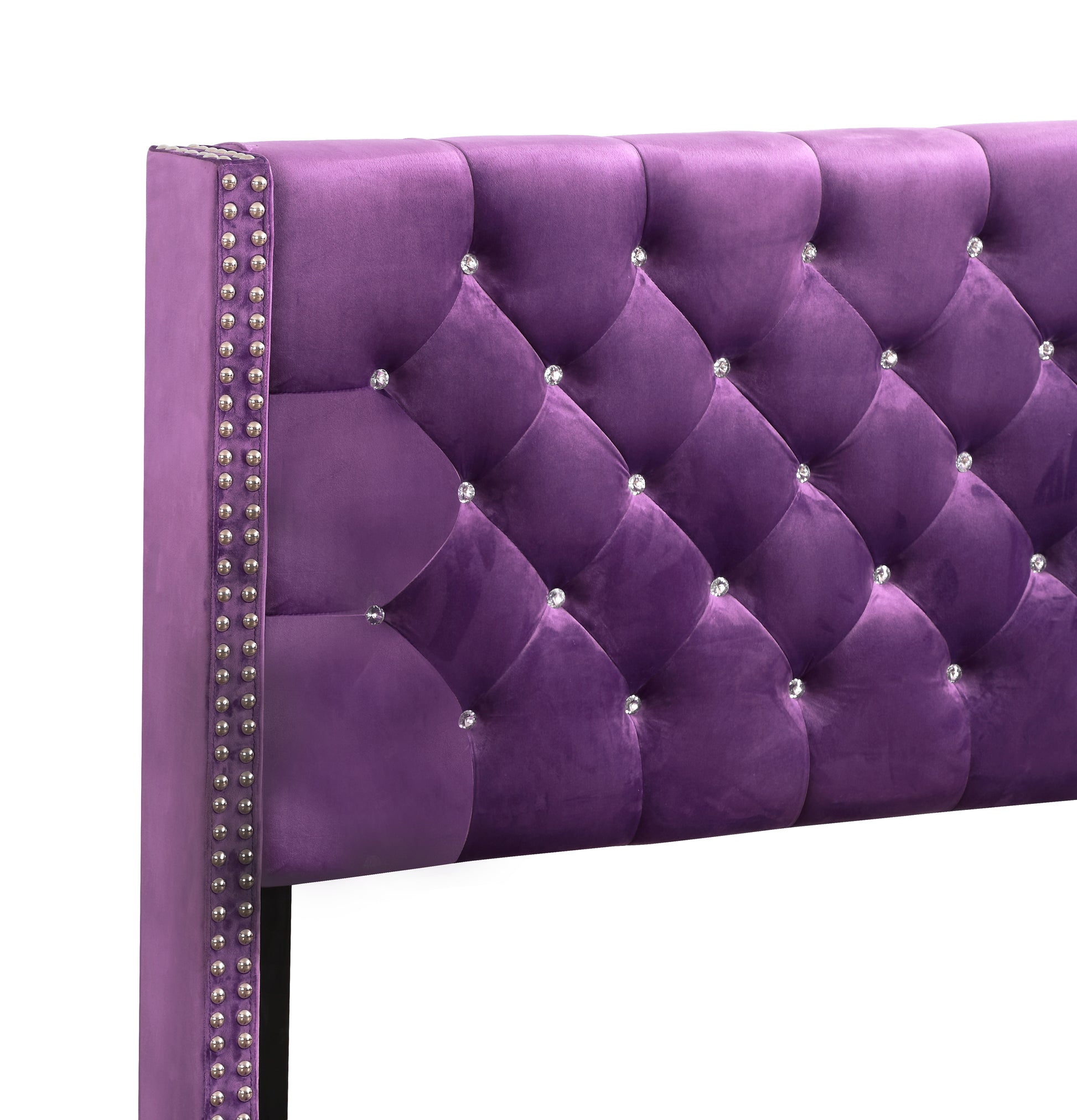 Plush purple velvet headboard with diamond tufting and silver nailhead trim
