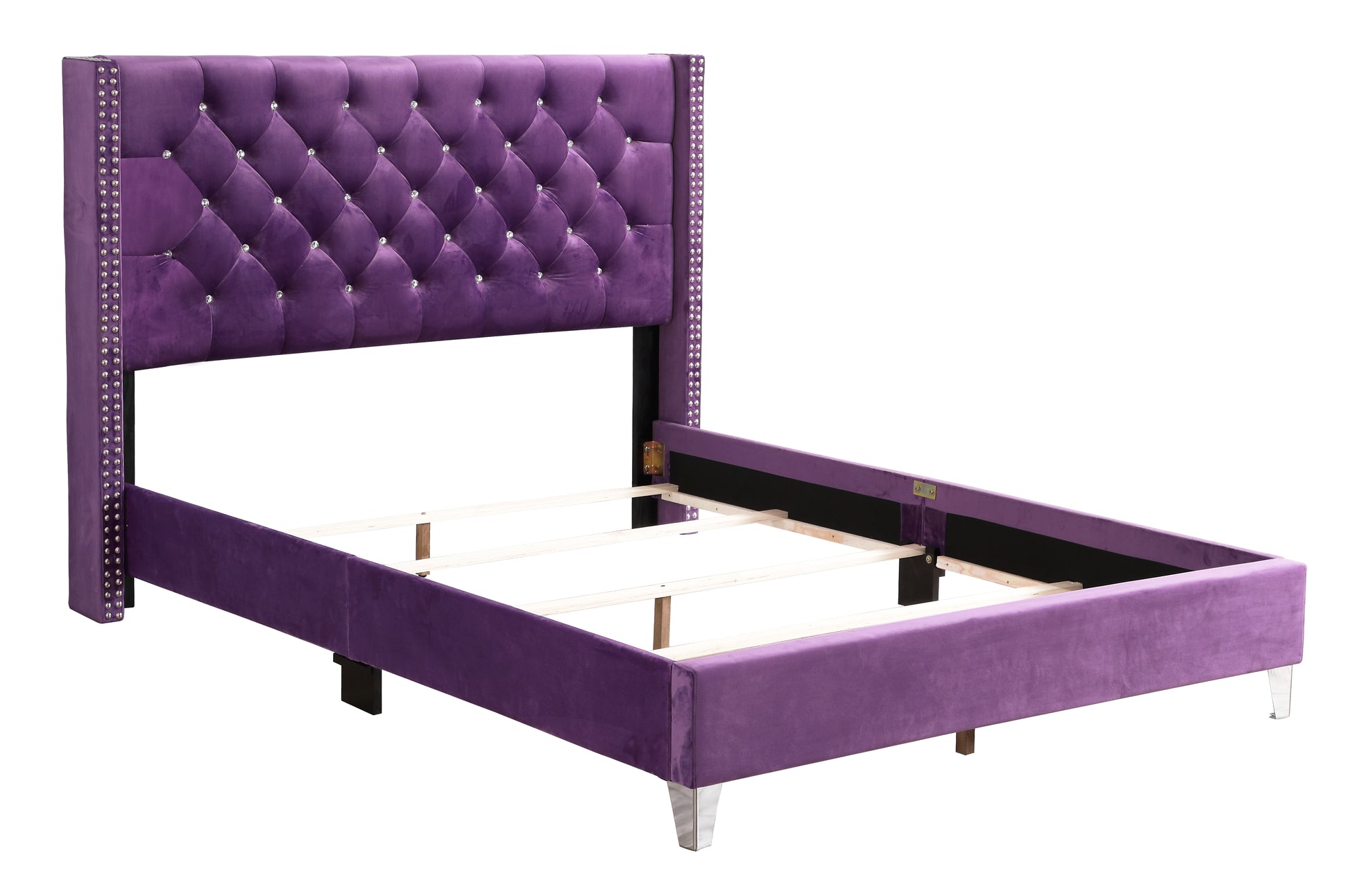 Purple velvet bed frame with crystal tufting and silver nailhead trim