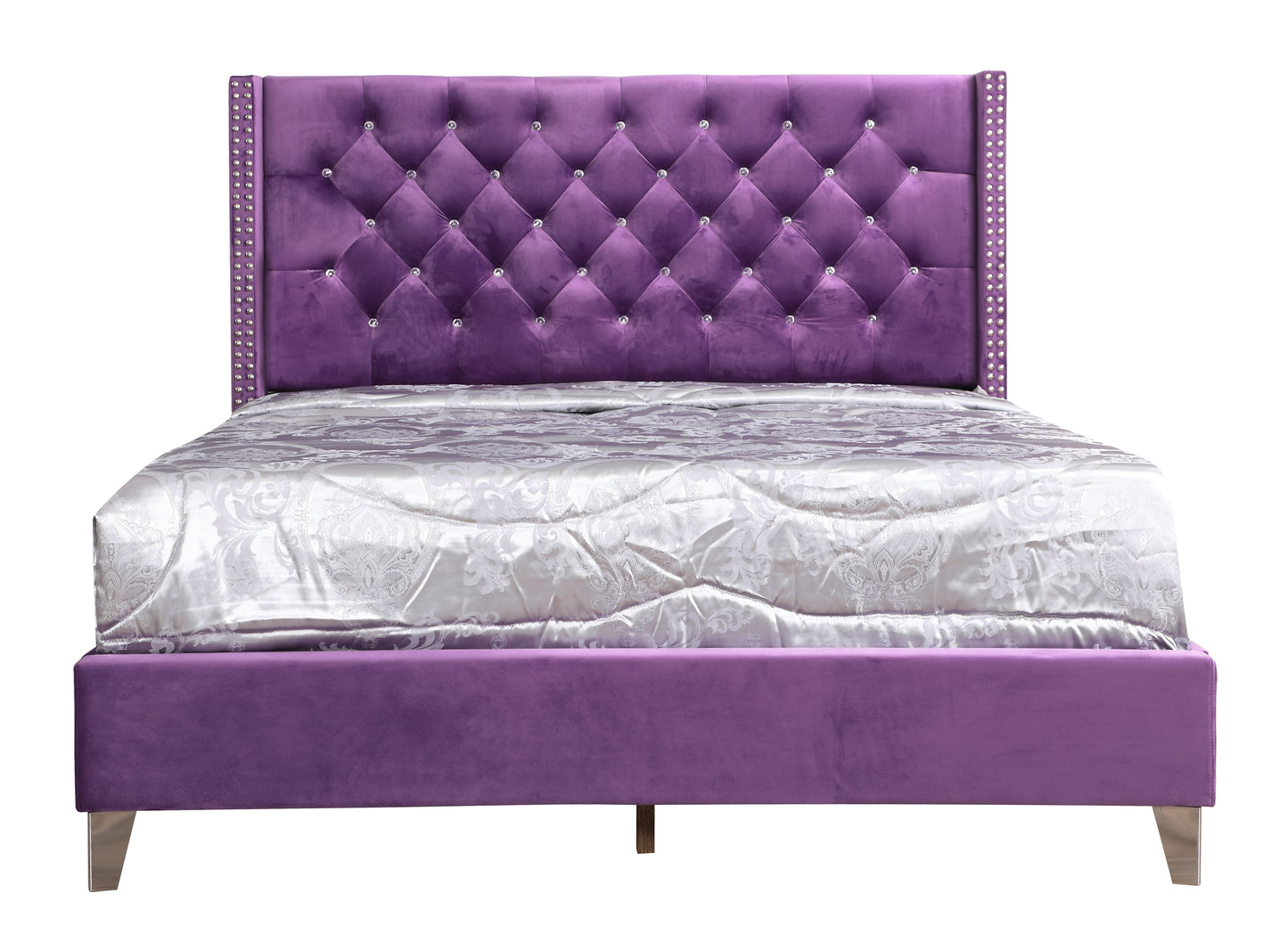 Luxurious purple velvet tufted bed frame with crystal accents and silver studding