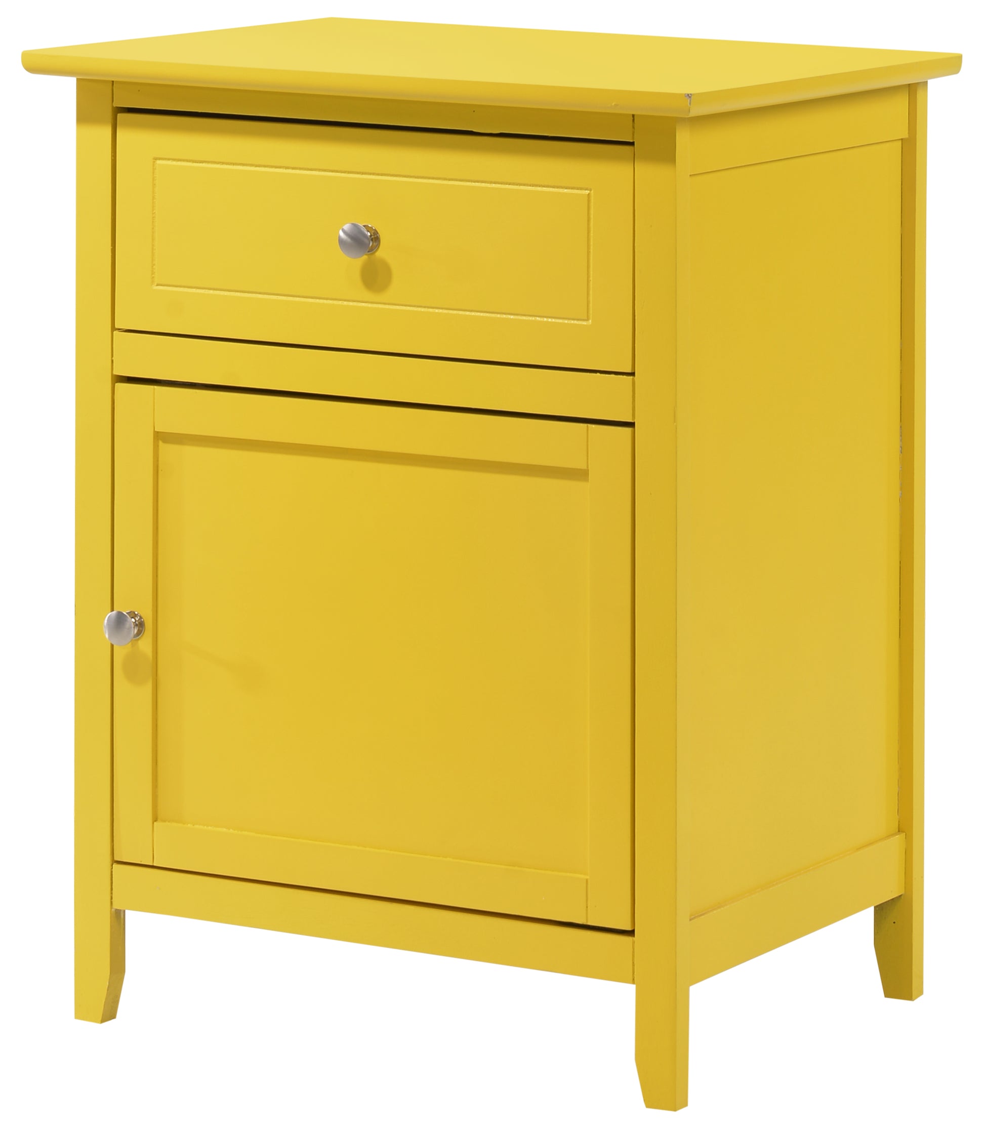 Bright yellow wooden nightstand with one drawer and one door featuring brushed nickel hardware