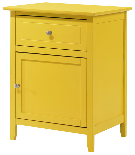 Bright yellow wooden nightstand with one drawer and one door featuring brushed nickel hardware