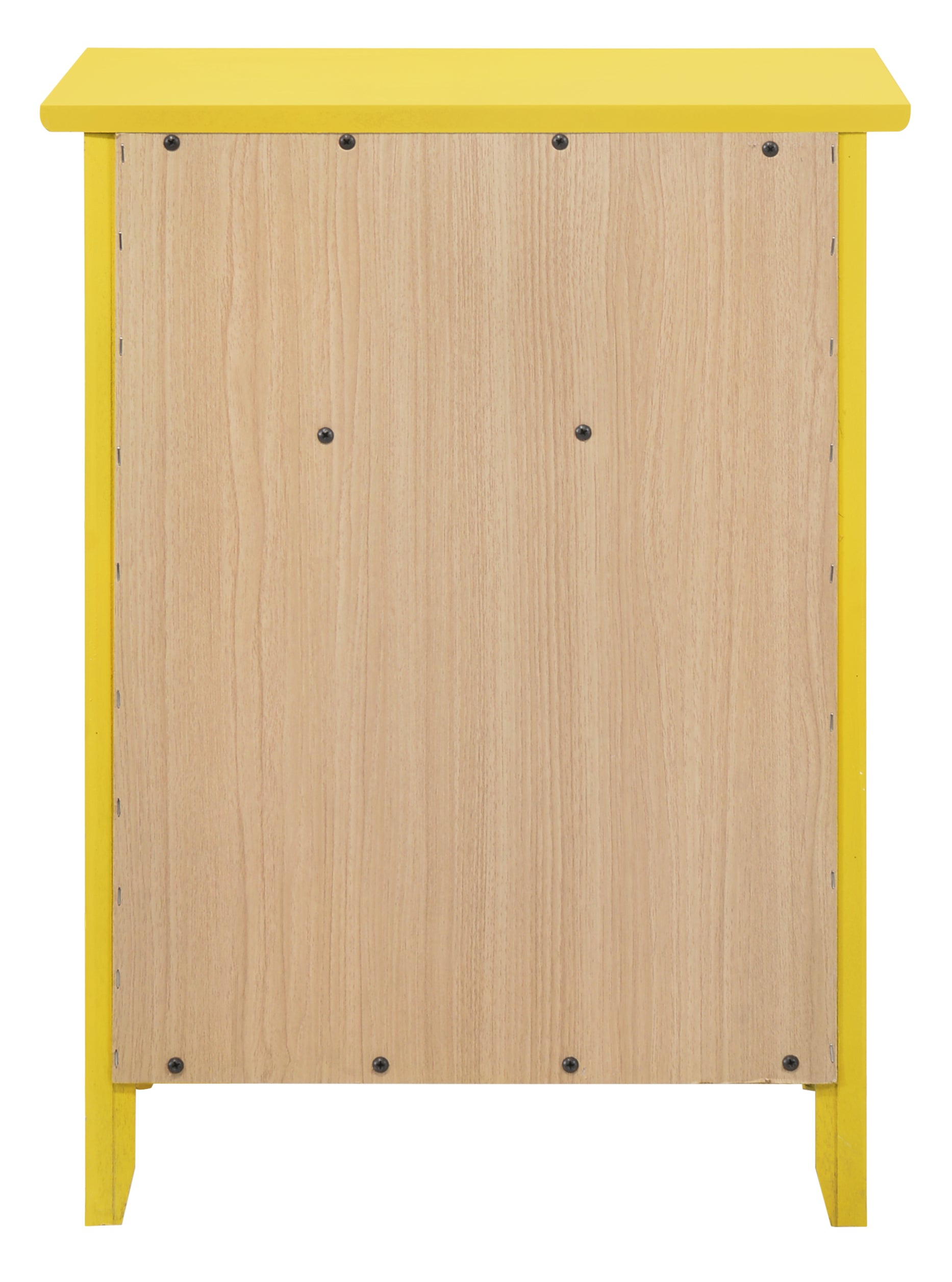 Yellow wood cabinet back with visible screws