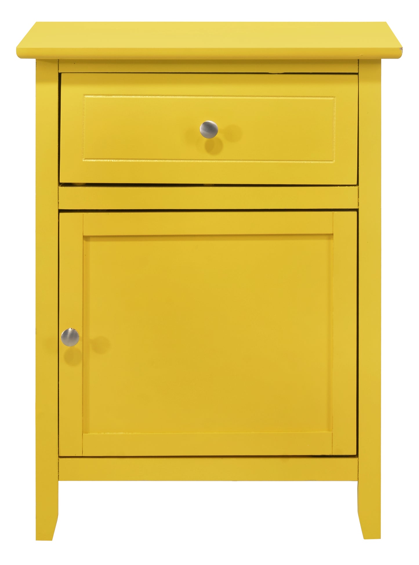 Bright yellow wood nightstand with one drawer and cabinet