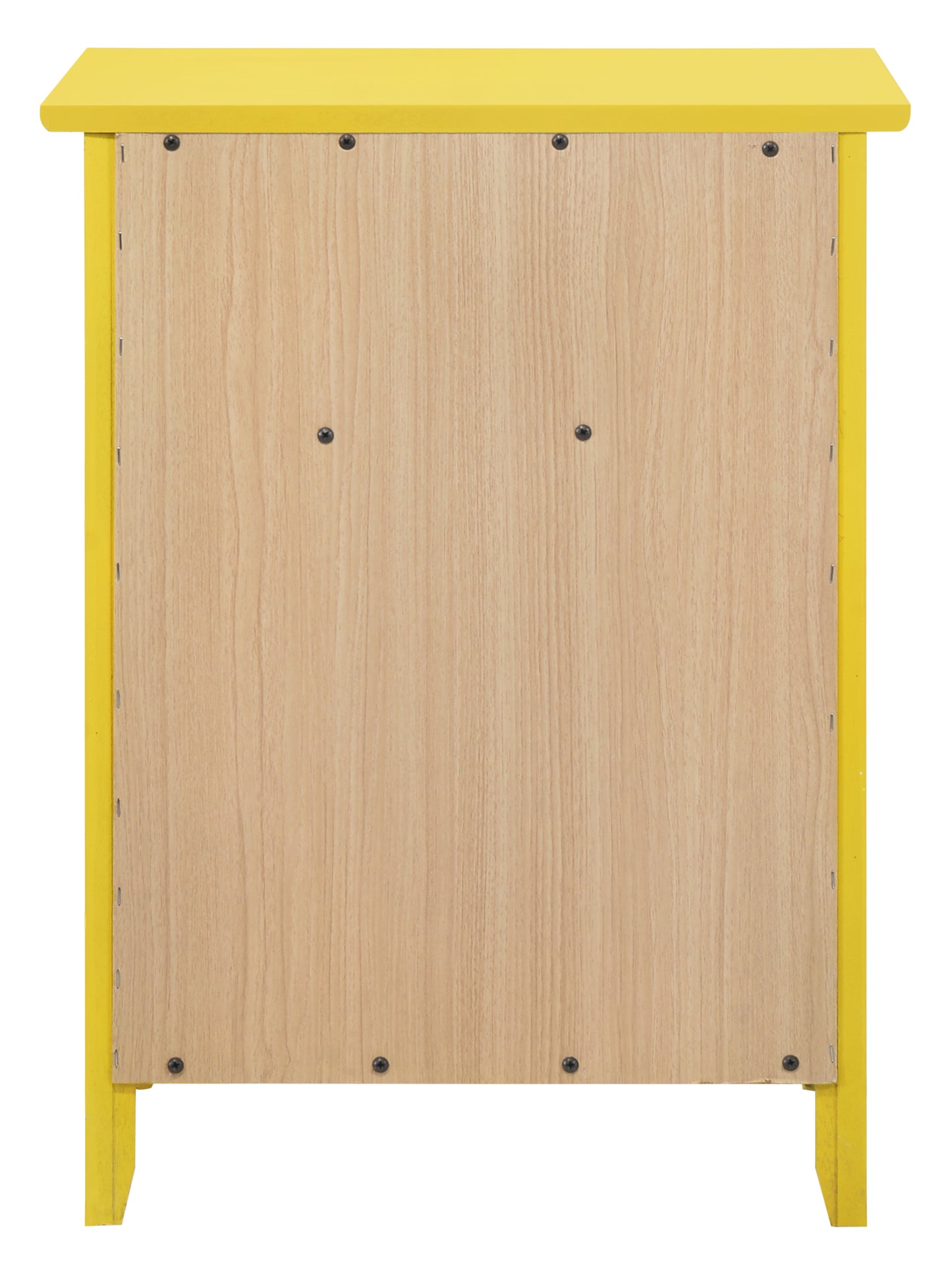 Bright yellow accent table back view with light wood paneling
