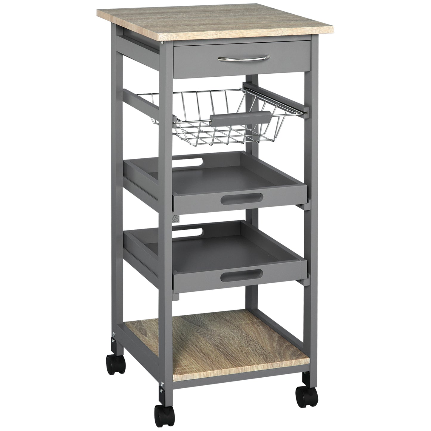 Grey kitchen cart with wood top and wire basket for storage