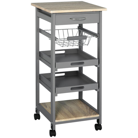 Grey kitchen cart with wood top and wire basket for storage