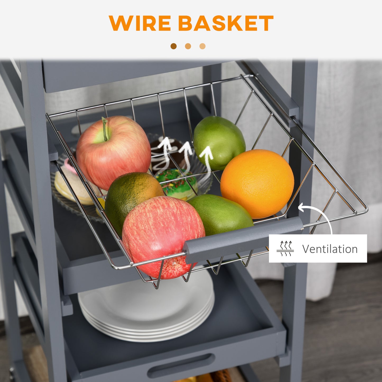 Grey kitchen cart with wire fruit basket
