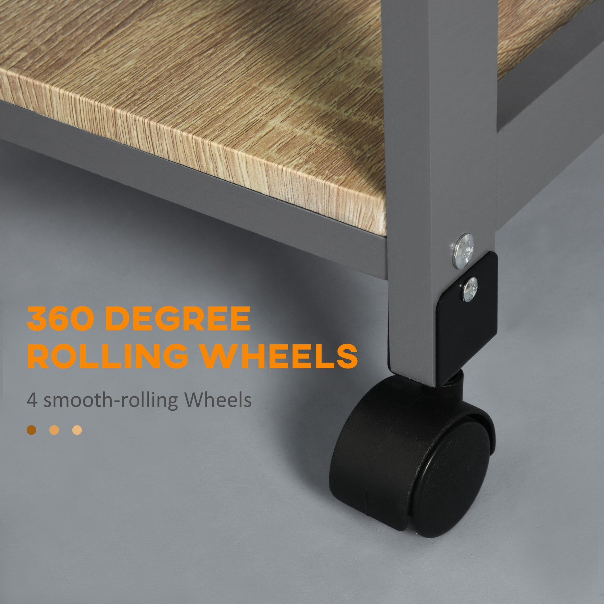 Grey metal cart frame with woodgrain shelf and black rolling wheels