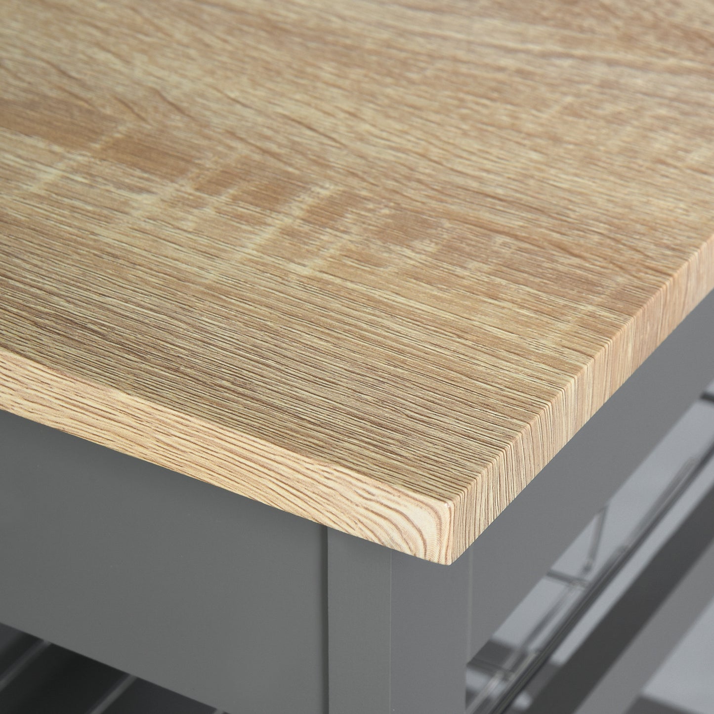 Light oak woodgrain tabletop with grey cabinet base