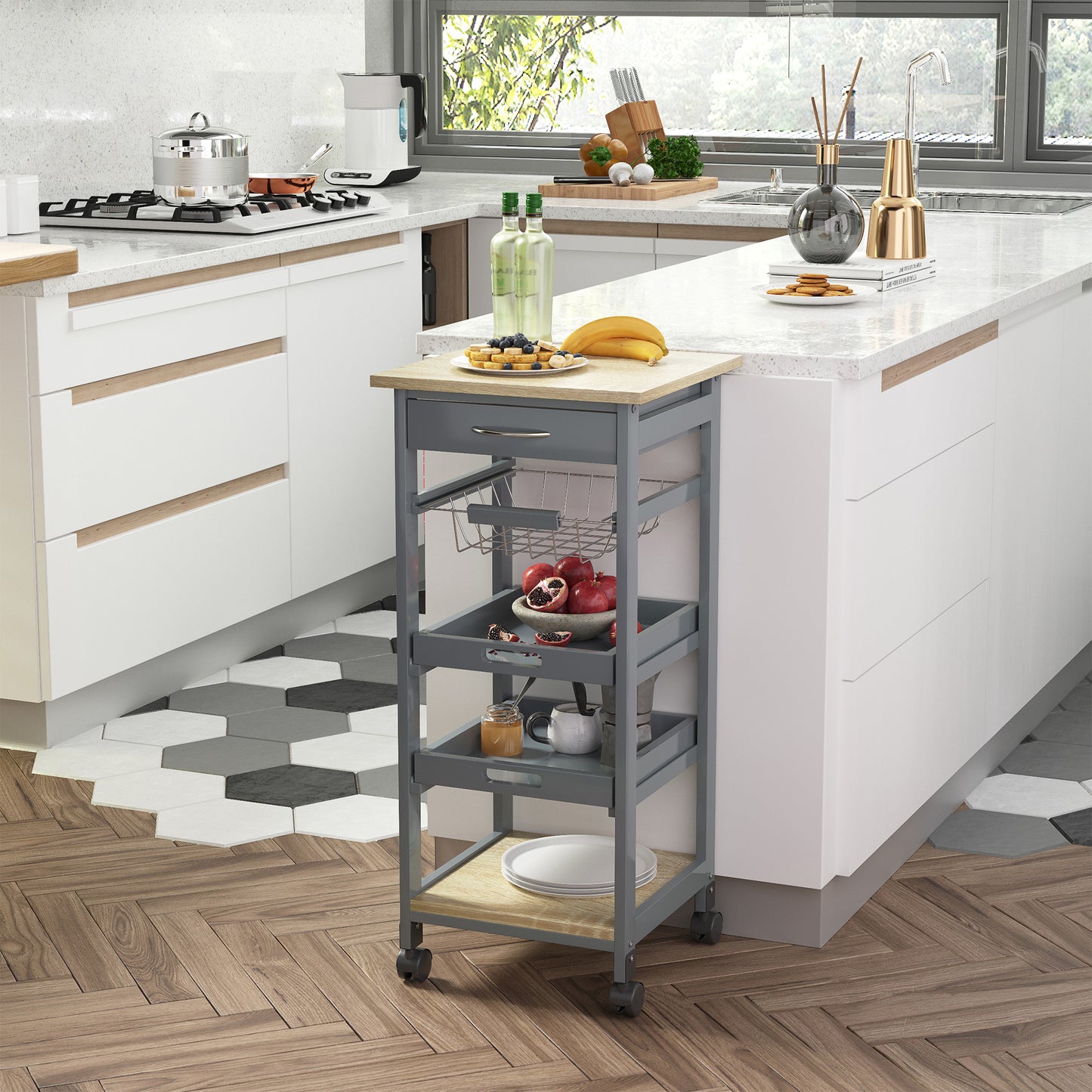 Gray kitchen cart with wooden top and fruit