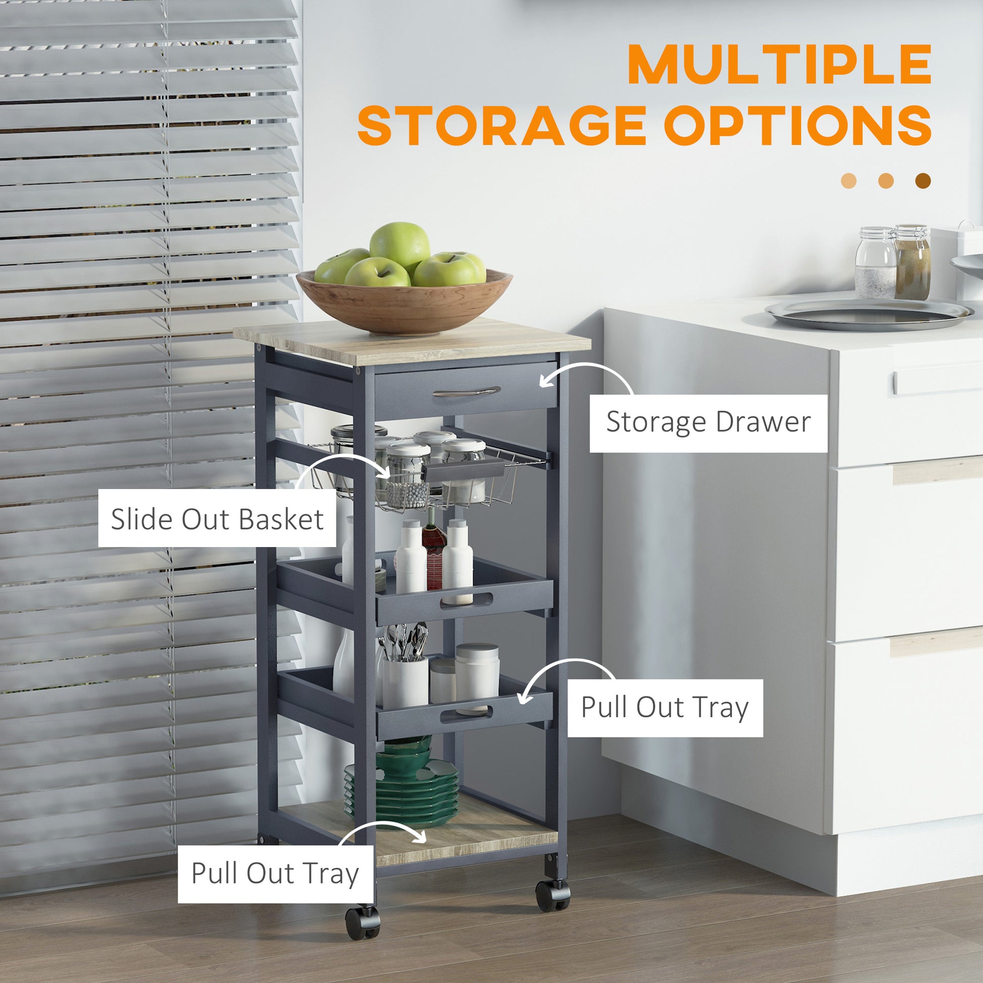 Dark gray kitchen cart with pullout trays and slideout basket