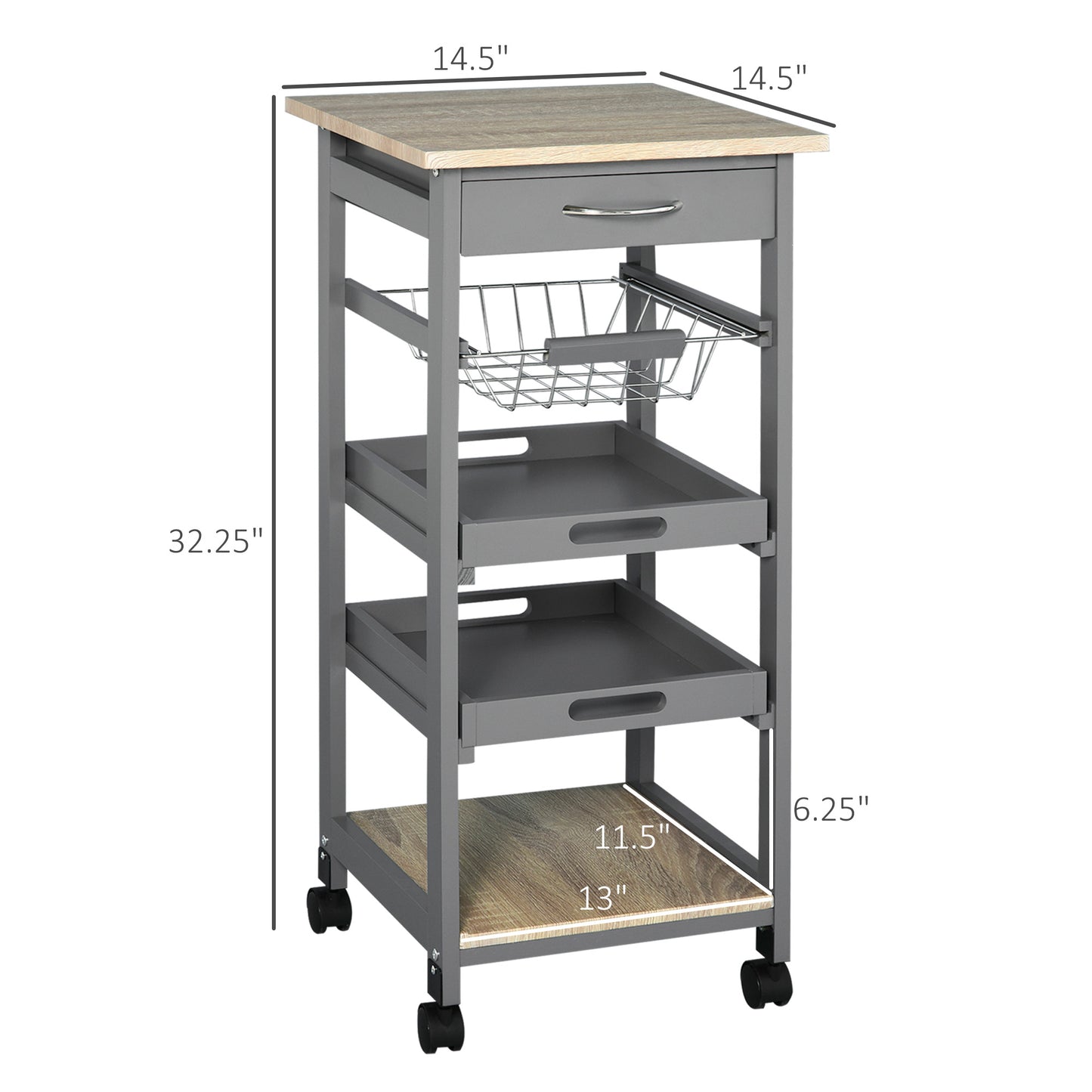 Gray kitchen cart with wood top basket and two shelves on wheels