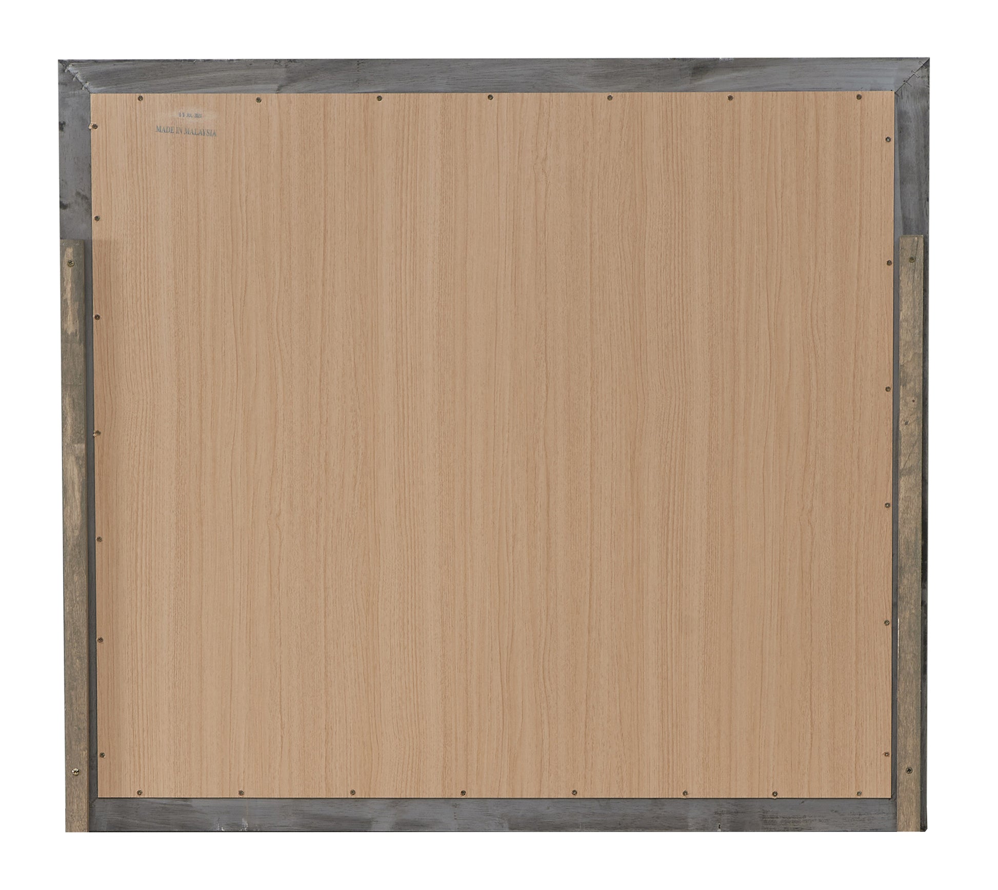 Back panel of a distressed gray wood framed mirror natural wood grain finish