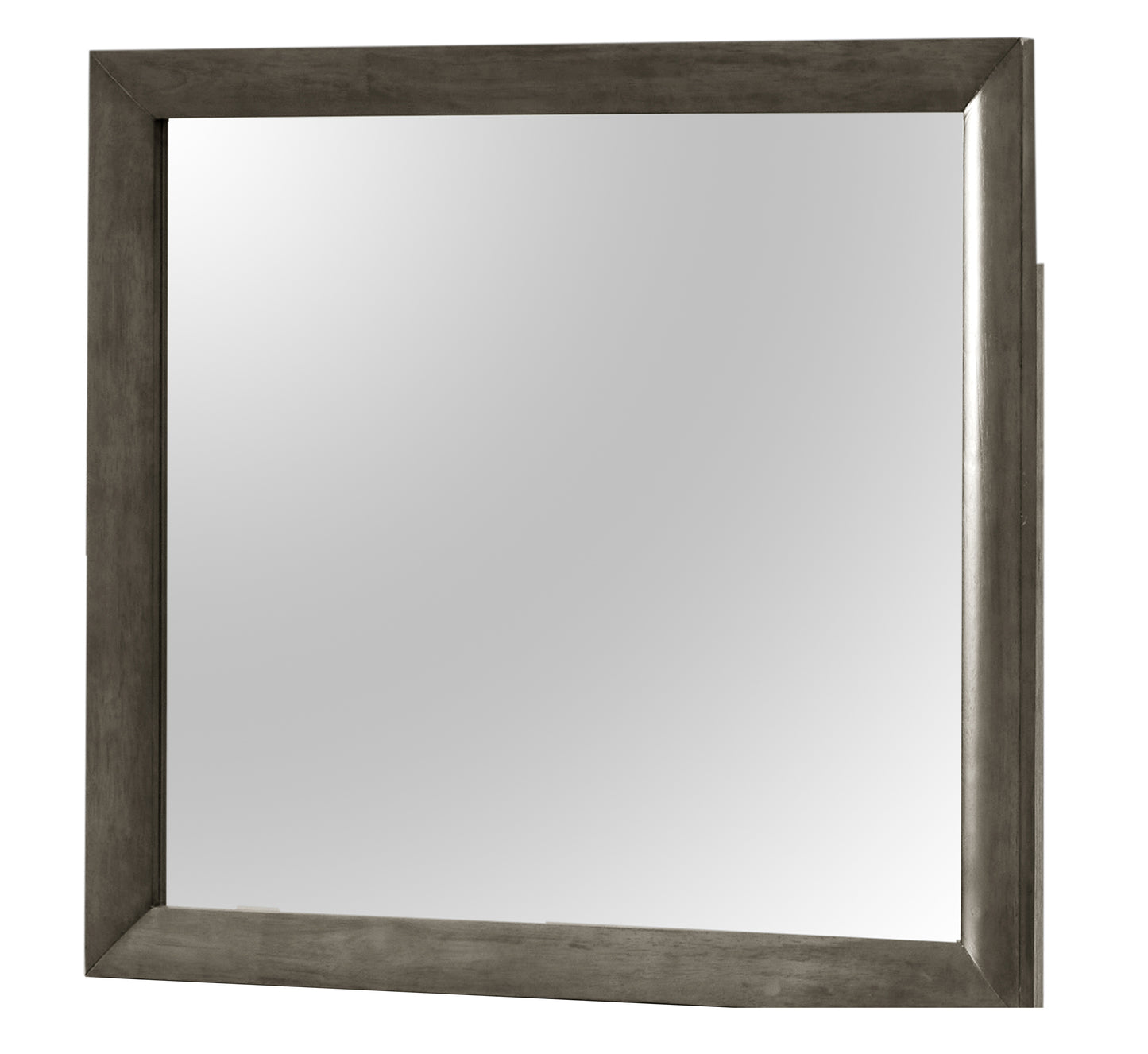 Gray wood framed wall mirror with beveled edges for bedroom decor