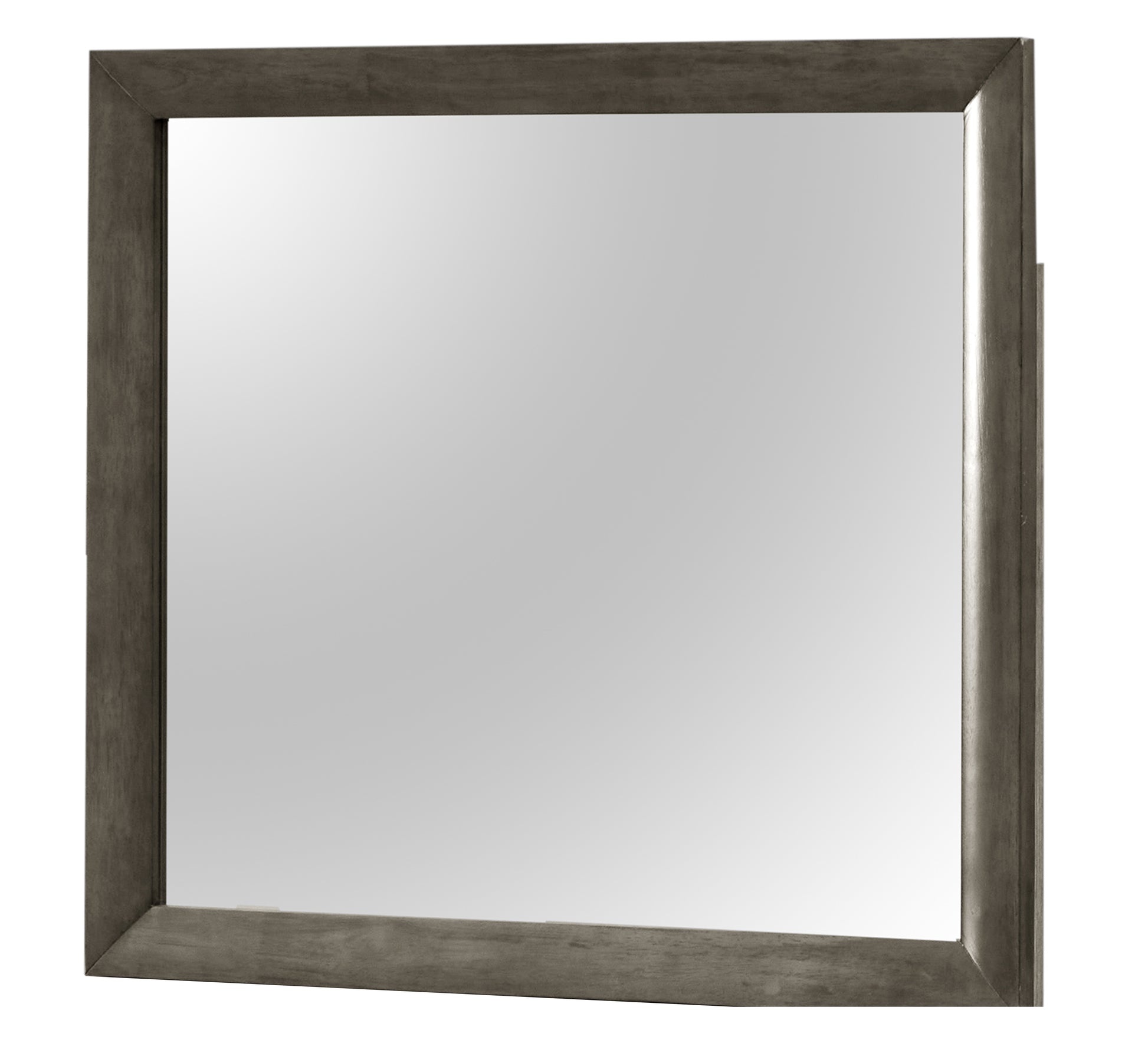 Gray wood framed wall mirror with beveled edges for bedroom decor