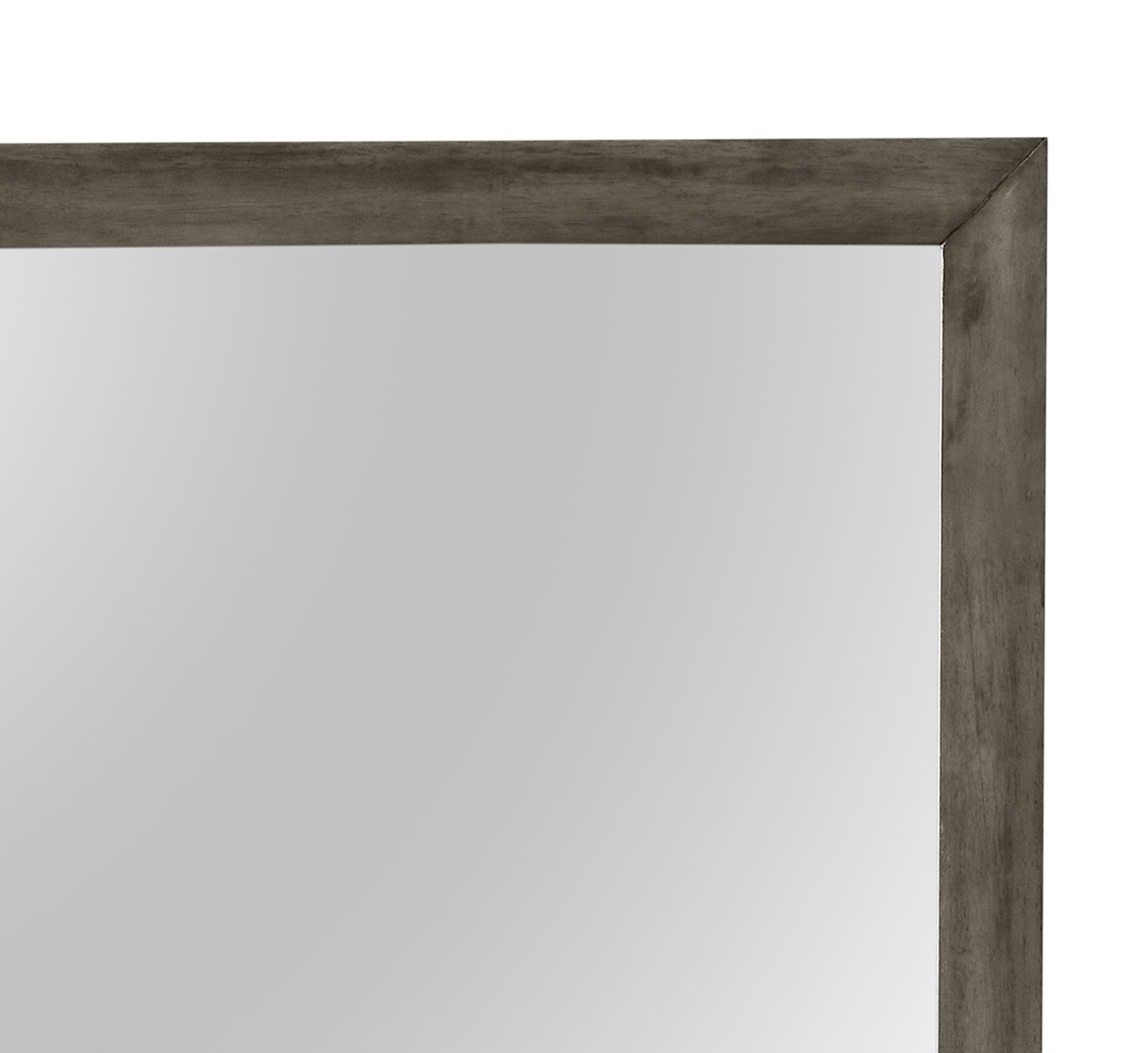 Distressed gray wood framed mirror with a reflective surface for modern interiors