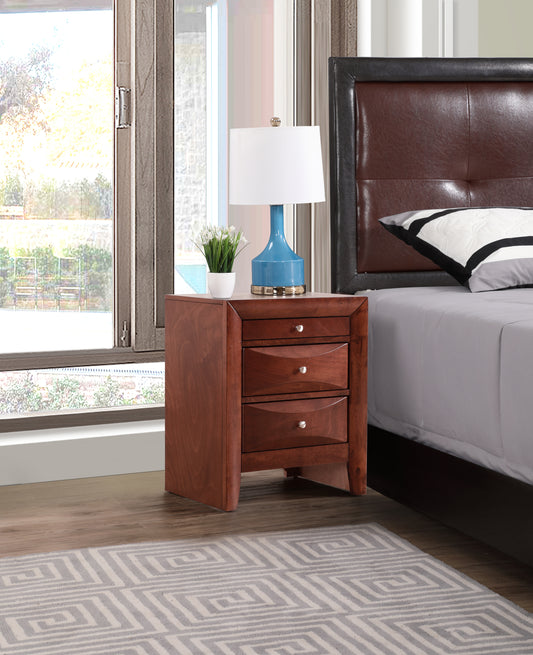 Rich mahogany wood nightstand with three curved drawers and silver hardware perfect for bedroom storage