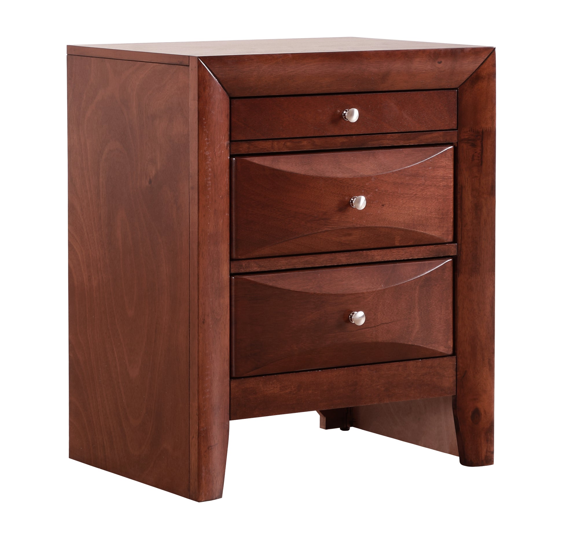 Dark cherry wood nightstand with three drawers and brushed nickel hardware
