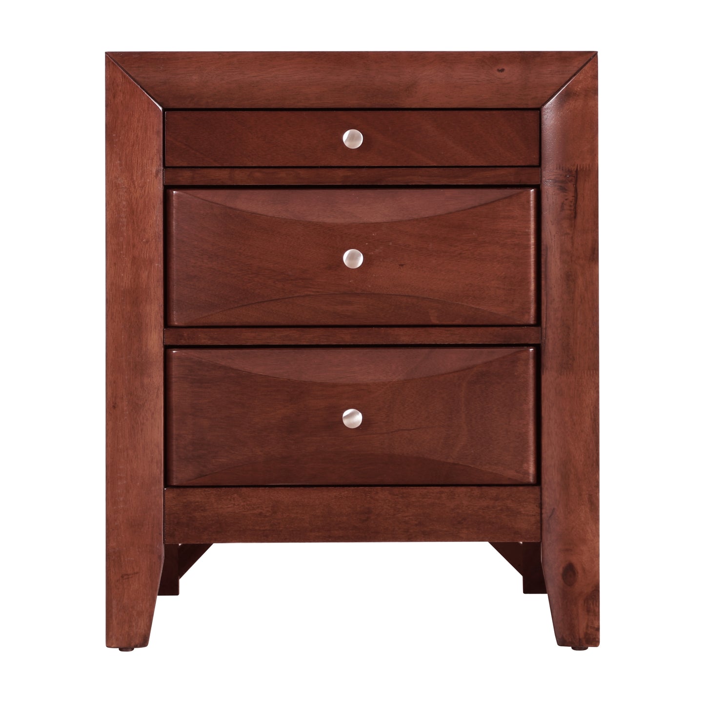 Dark cherry wood nightstand with three curved drawers and silver knobs