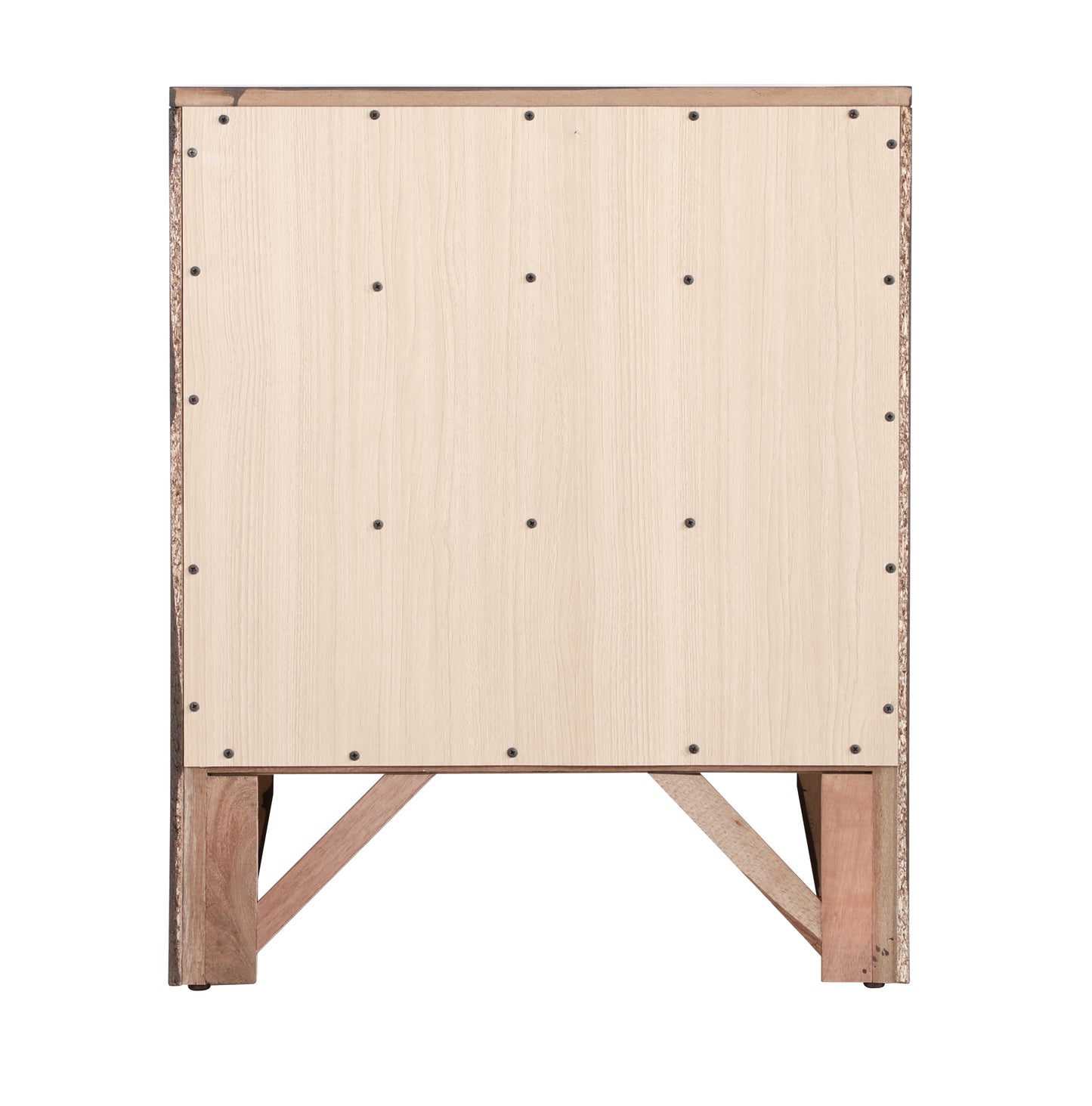 Back view of a light oak laminate cabinet with visible screws and wooden supports