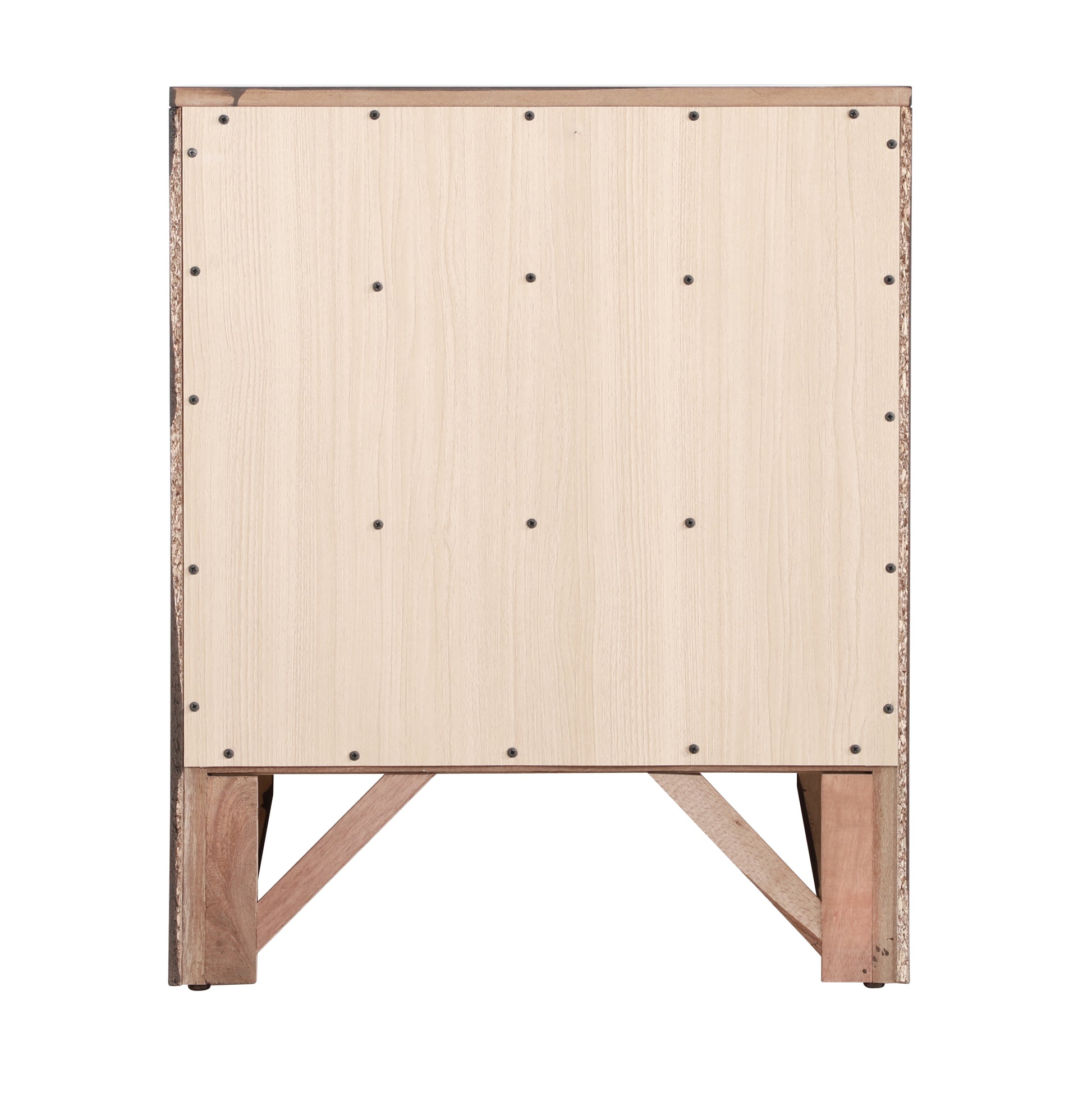 Back view of a light oak laminate cabinet with visible screws and wooden supports