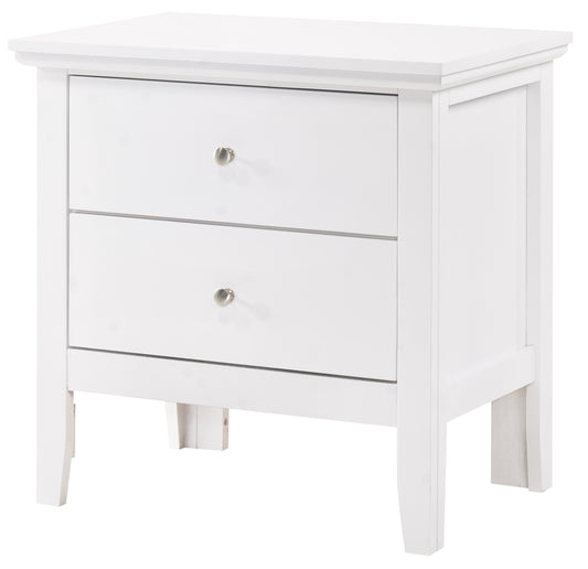 Classic white nightstand with two drawers and brushed nickel knobs