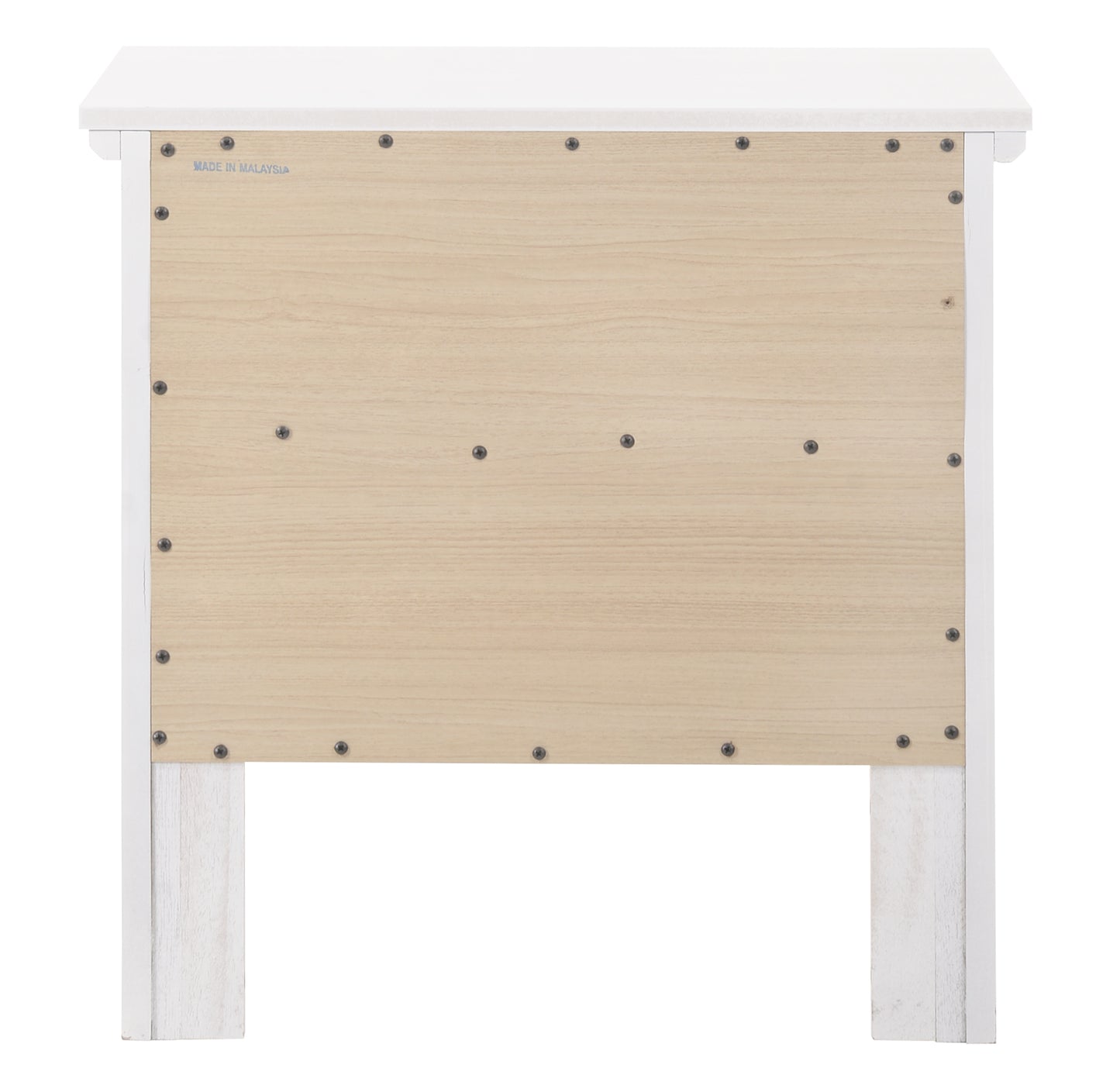White wood nightstand back panel with visible screws and light wood grain