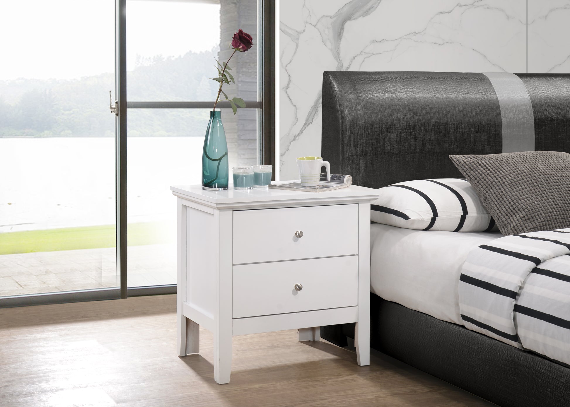 Classic white wood nightstand with two drawers and silver knobs