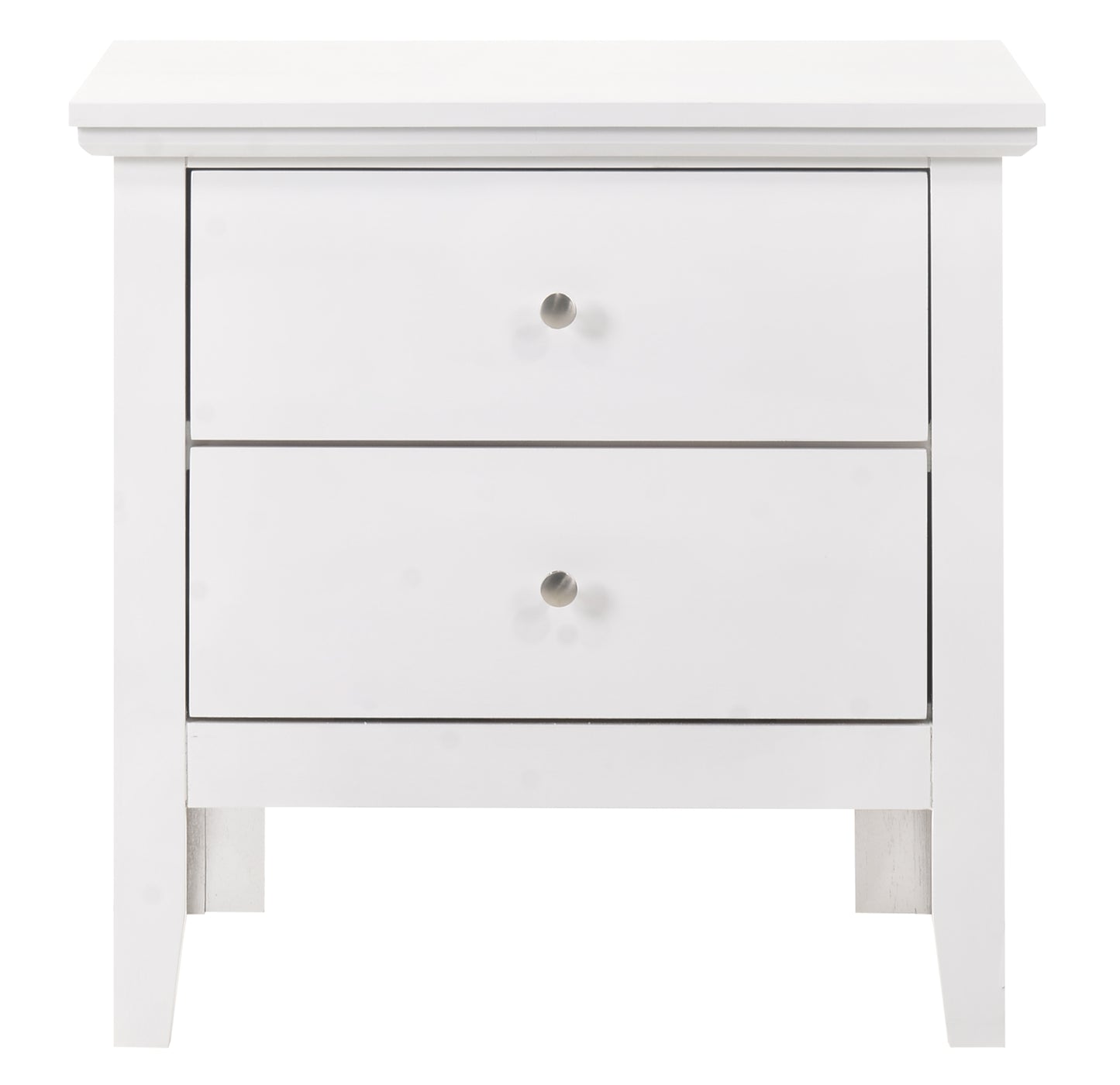White twodrawer nightstand with brushed nickel knobs and clean lines