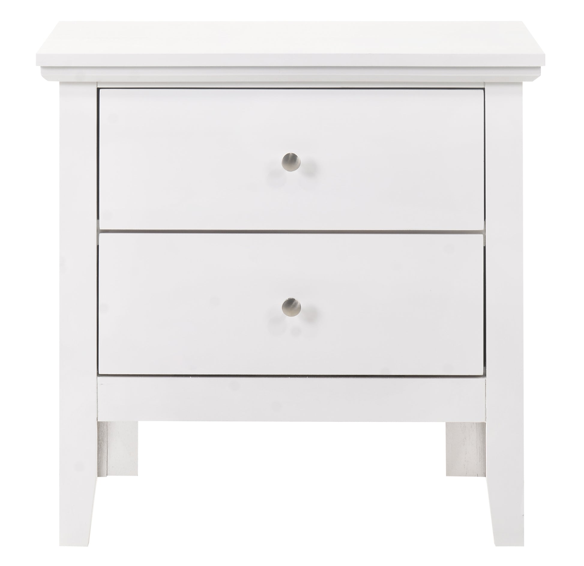 White twodrawer nightstand with brushed nickel knobs and clean lines