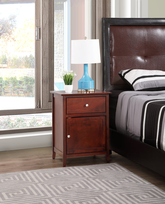 Dark wood nightstand with silver knob one drawer and cabinet door