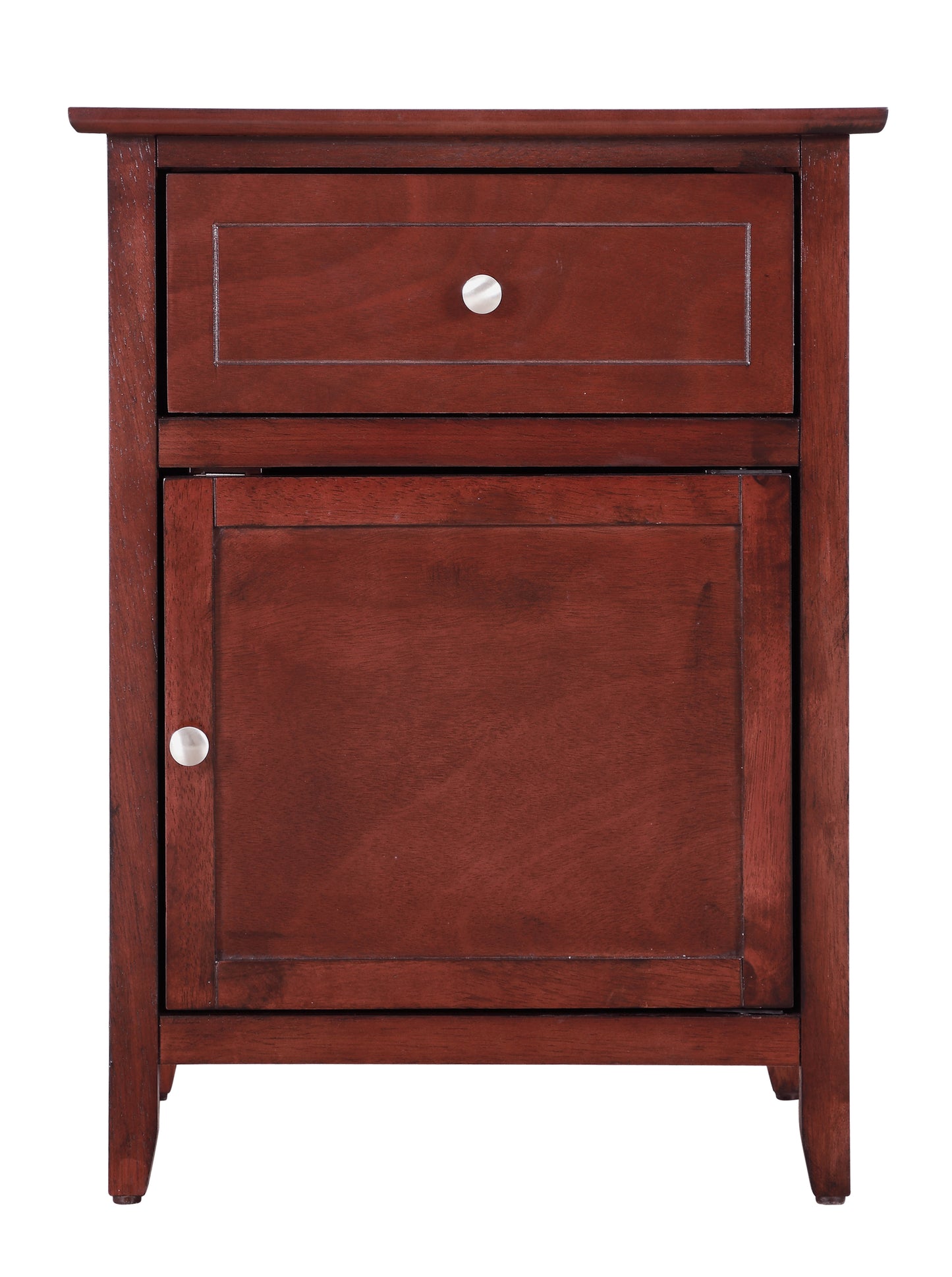 Dark cherry wood nightstand with one drawer and cabinet door metal knob hardware