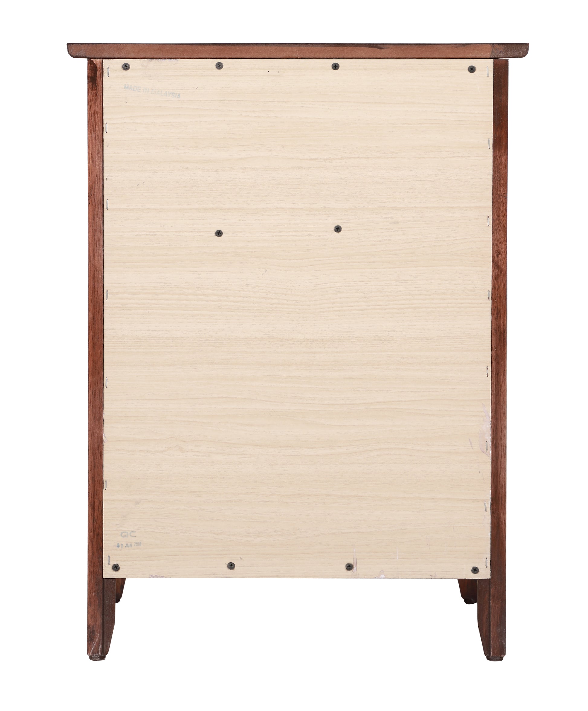 Rear view of a dark wood end table with light wood backing panel and visible screws