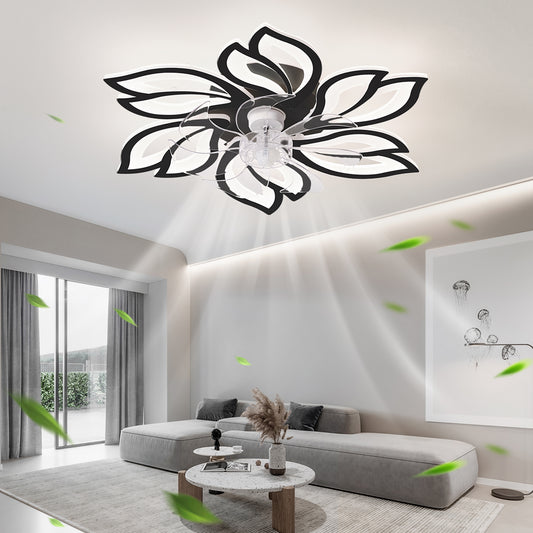 Modern floral ceiling fan with integrated LED lights black and white petals