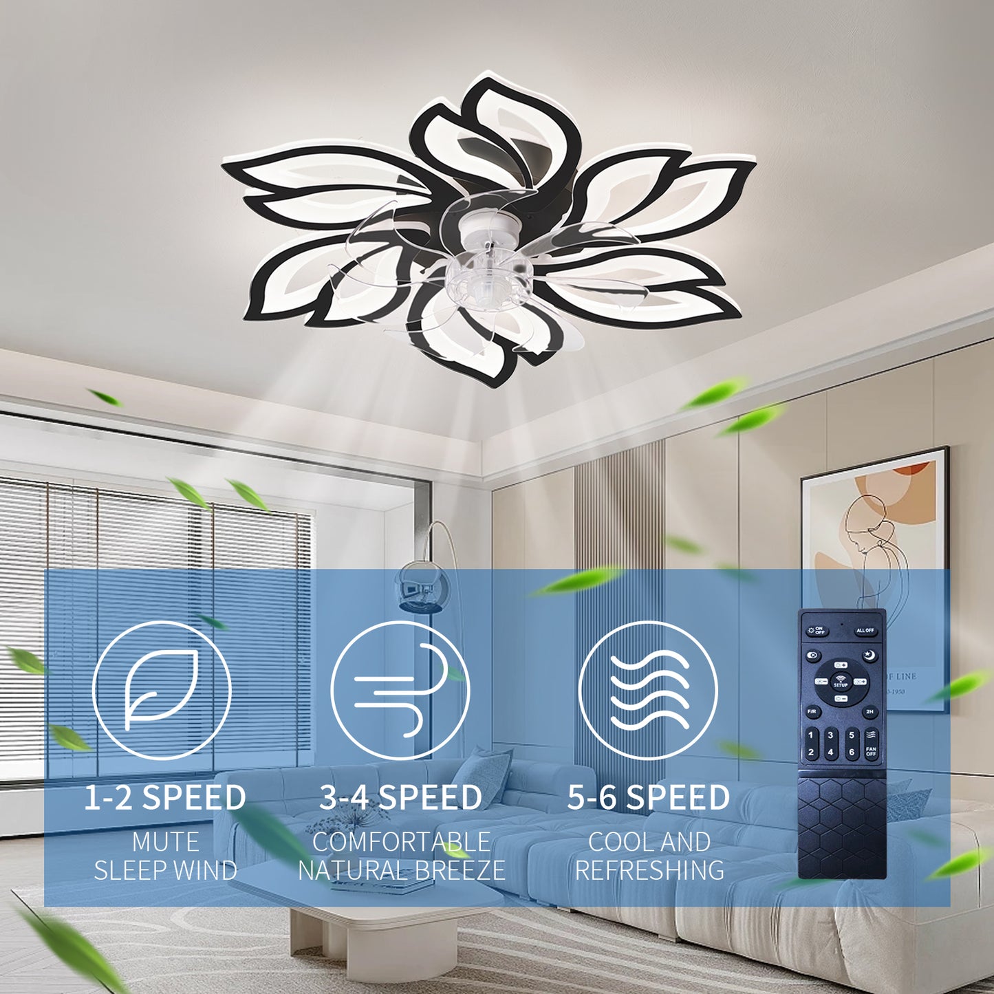 Modern black and white flowershaped ceiling fan with clear blades for living room