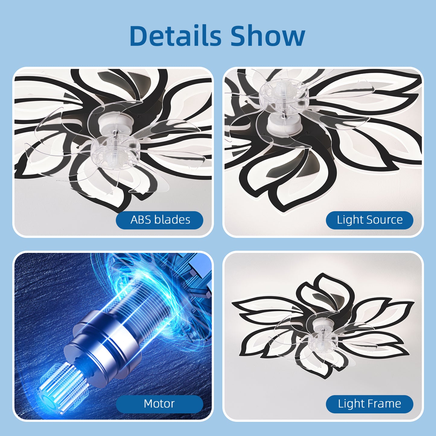 Close up of modern ceiling fan with clear ABS blades and floral black and white design
