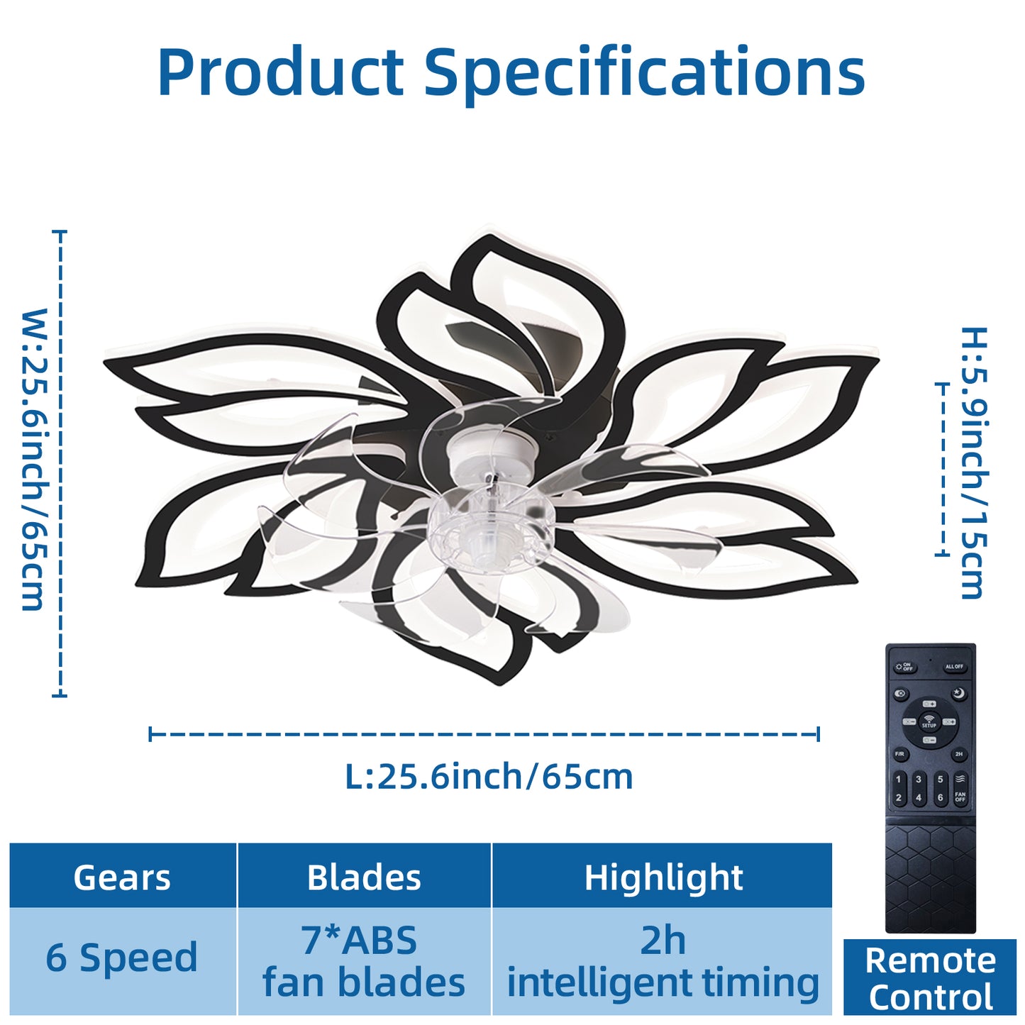 Modern flowershaped ceiling fan with clear ABS blades and remote control