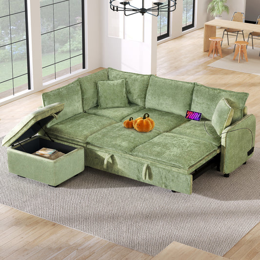Green sectional sofa with hidden storage ottoman and USB charging port