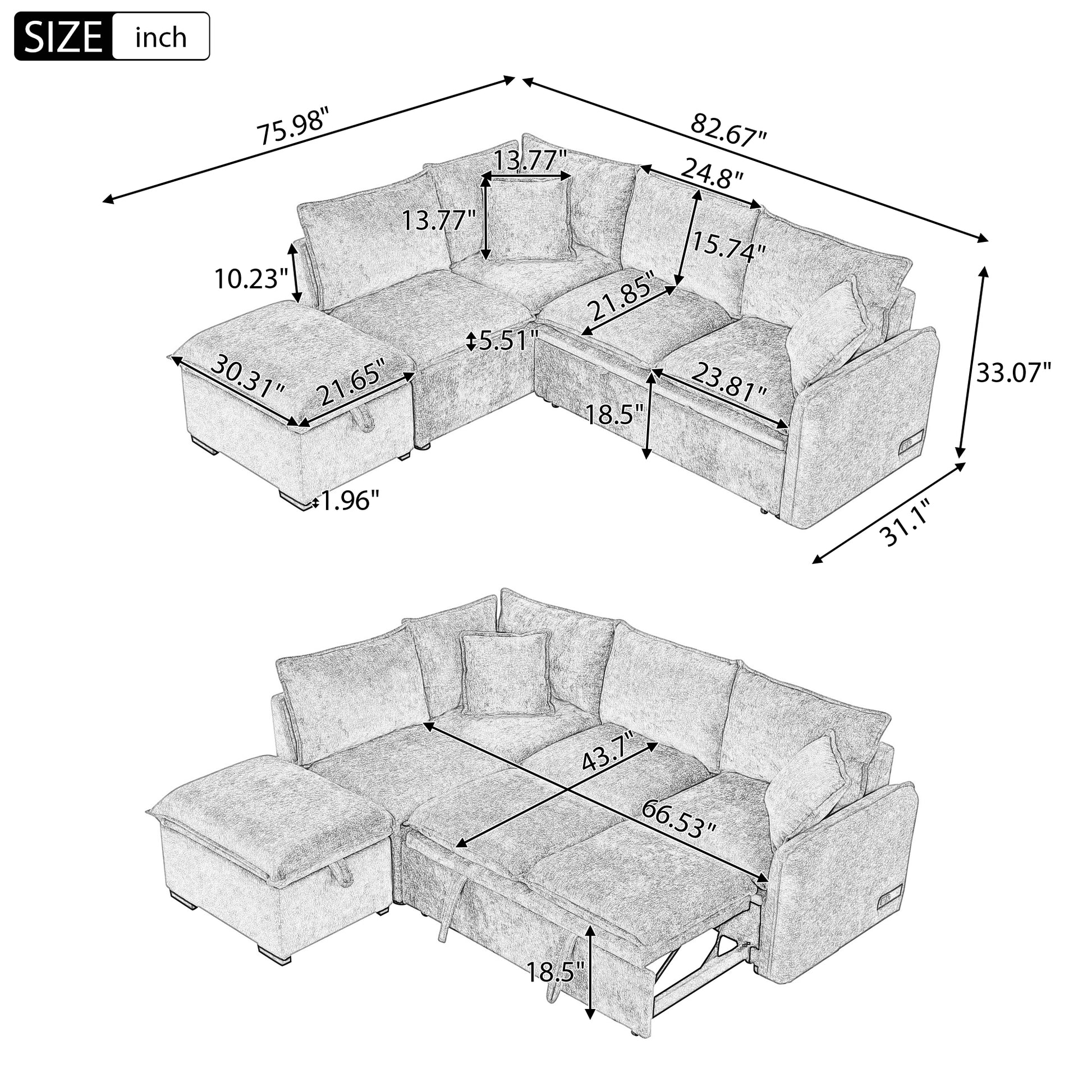 Lshaped sectional sofa with ottoman sketch showing dimensions in inches