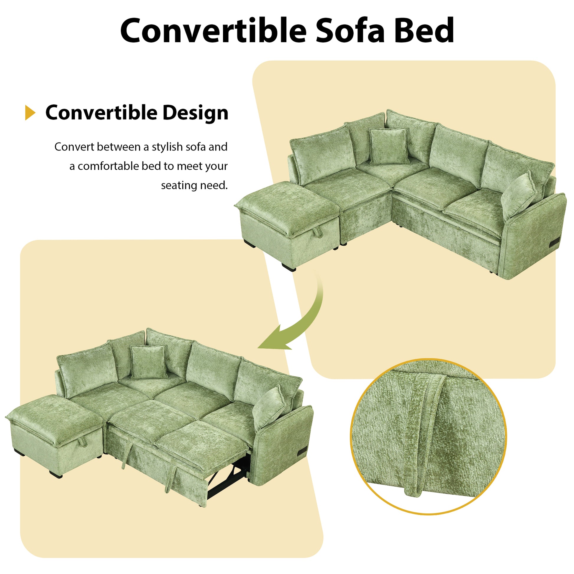 Sage green sectional convertible sofa bed with plush cushions and hidden storage