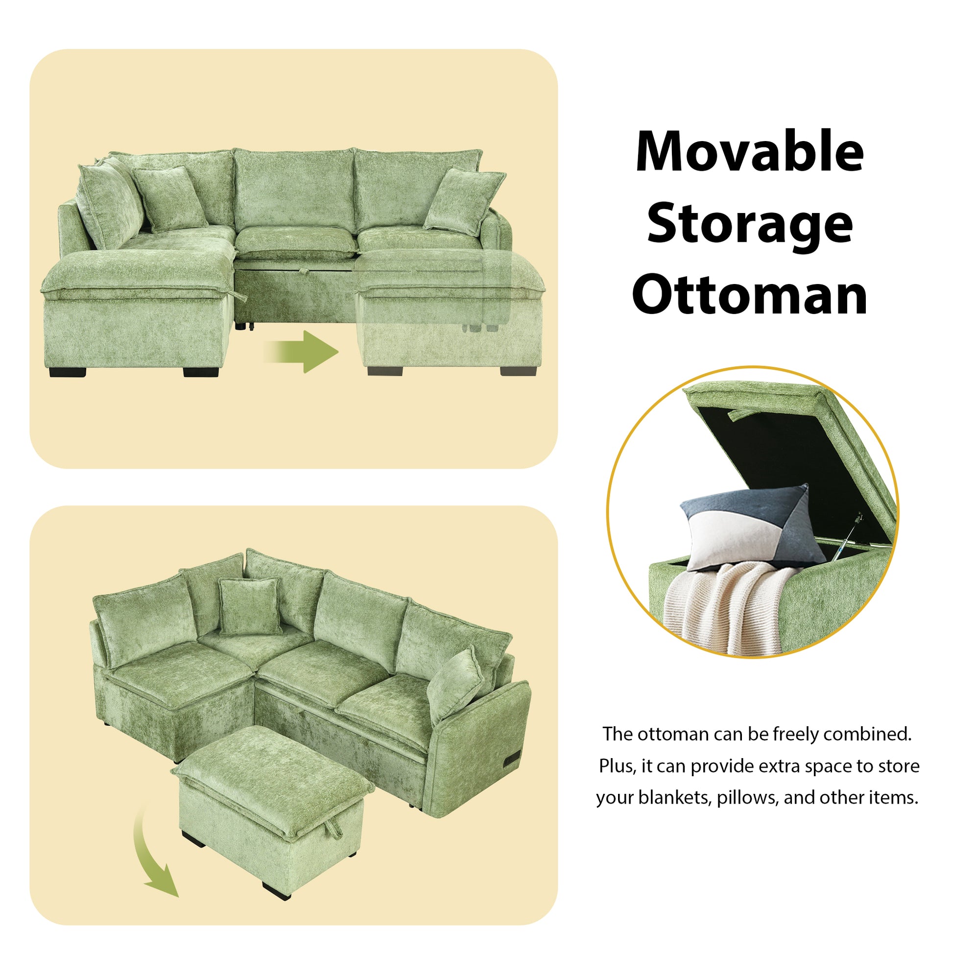 Sectional sofa in soft green chenille fabric with a movable storage ottoman