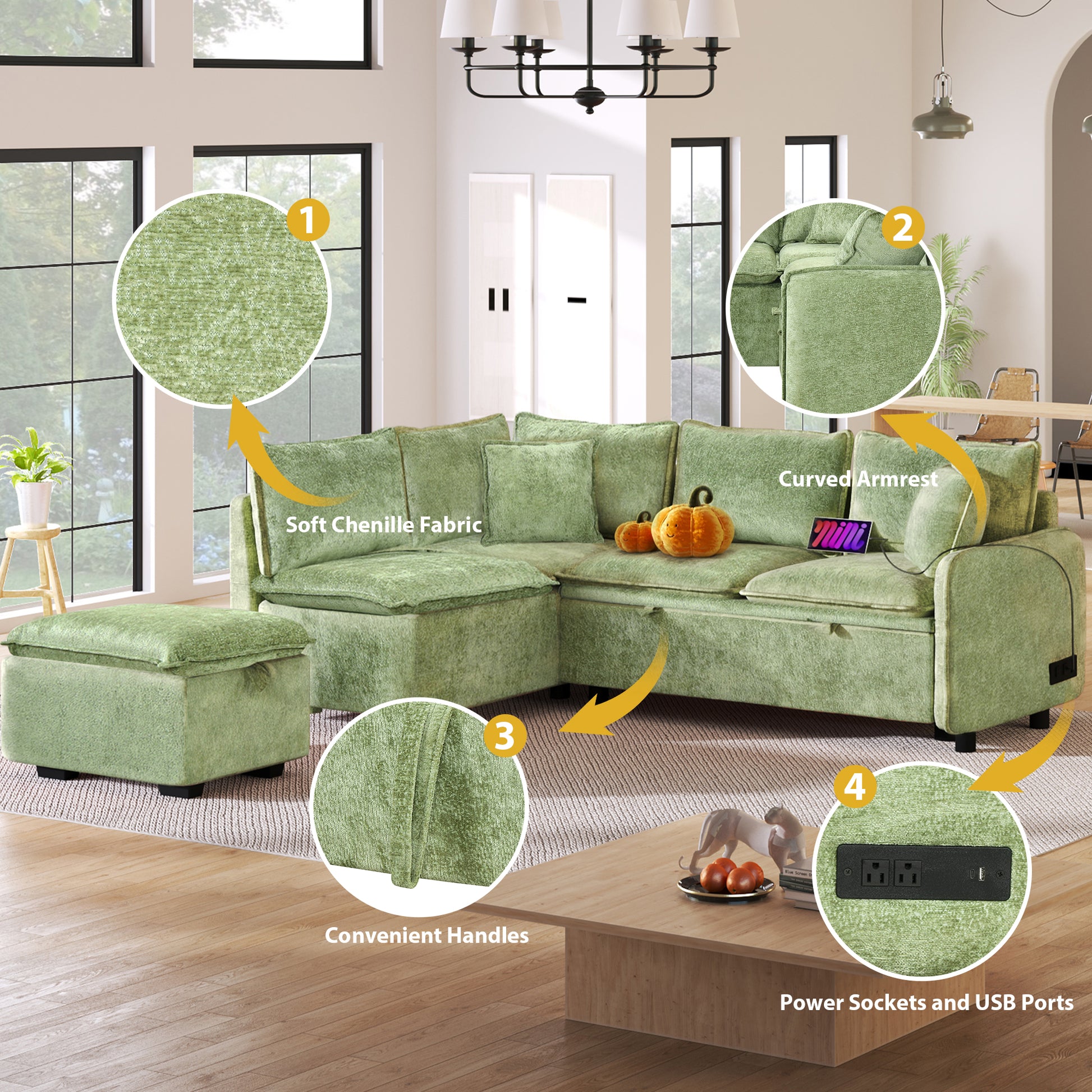 Sage green chenille sectional sofa with ottoman and power outlets