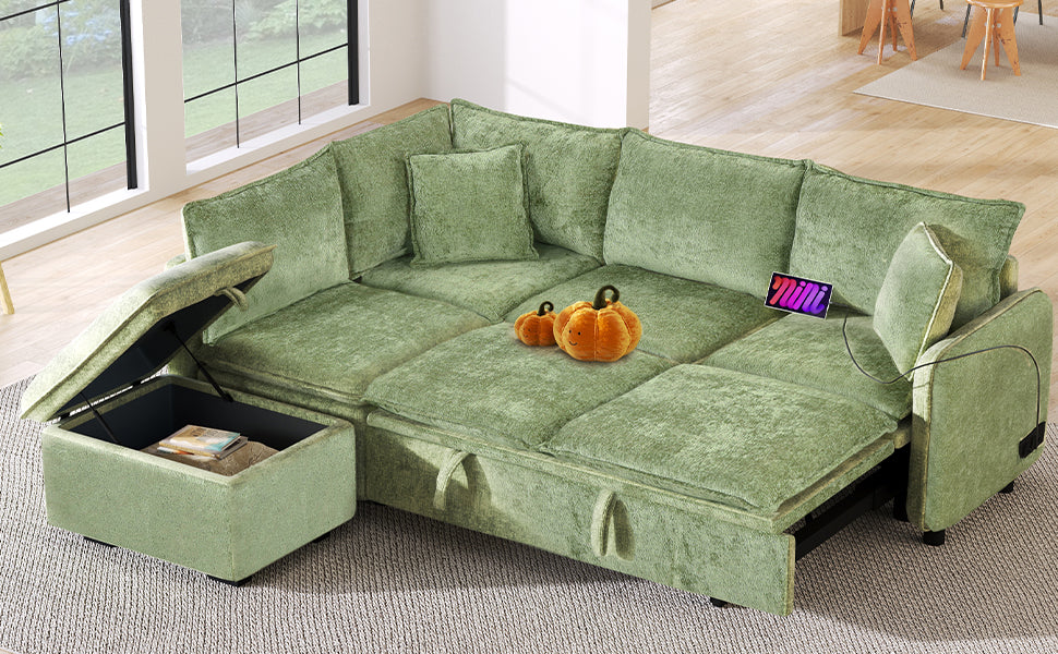 Sage green sectional sofa with storage ottoman and pullout bed feature