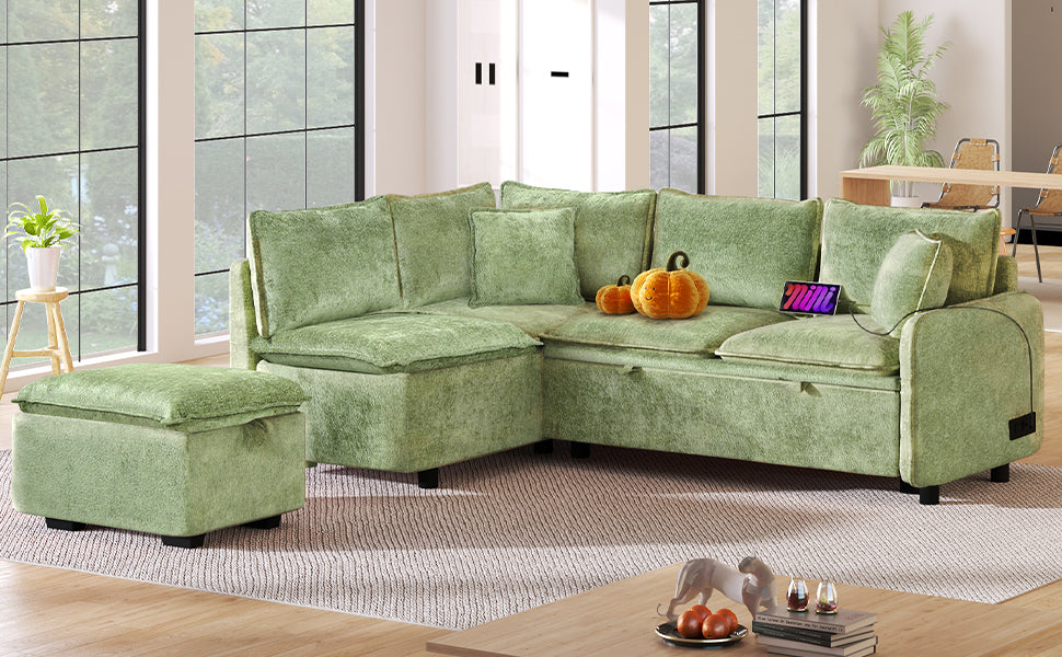Sage green velvet sectional sofa with ottoman and decorative pumpkins